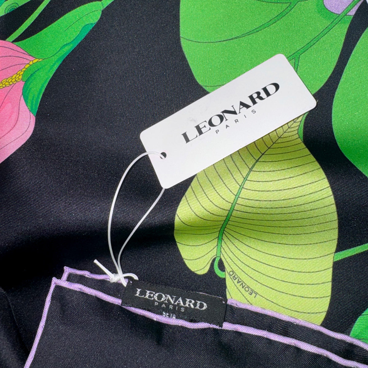 Leonard Paris Scarf Black Green Pink Floral Bouquet - Twill Silk Square Foulard