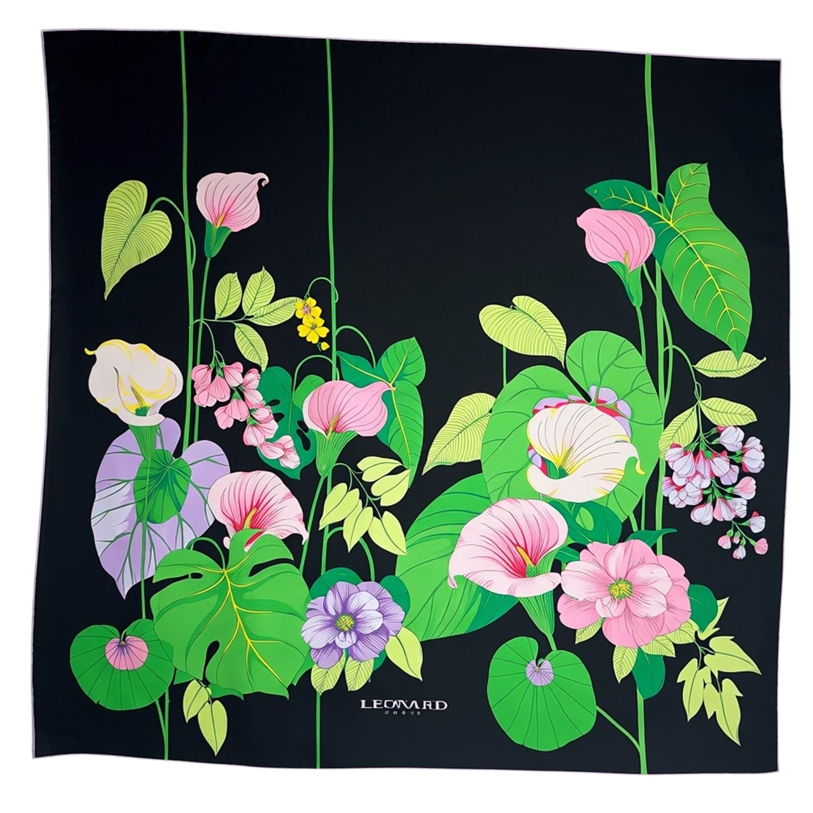 Leonard Paris Scarf Black Green Pink Floral Bouquet - Twill Silk Square Foulard