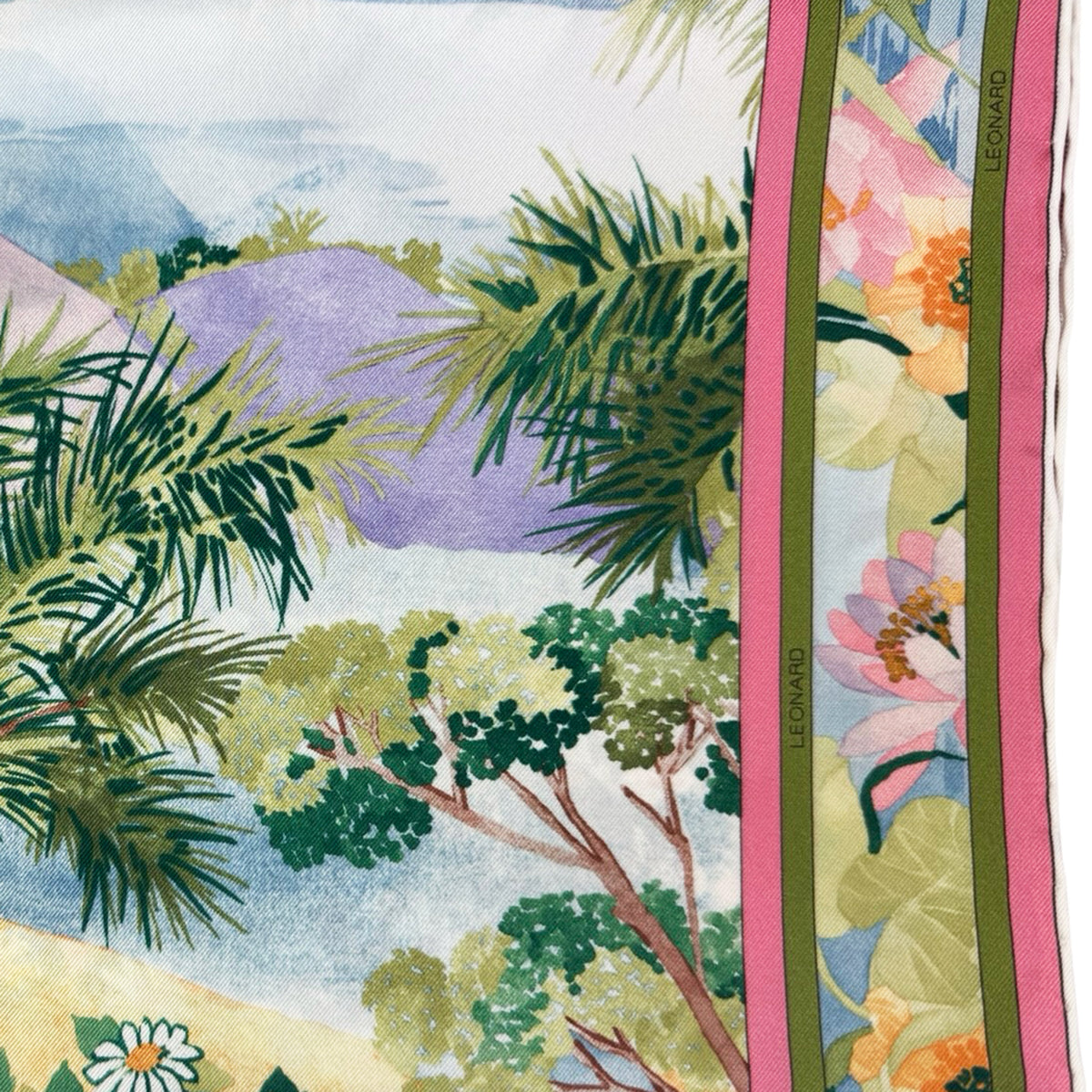 Leonard Paris Scarf Water Flowers Pin k Olive - Twill Silk Square Foulard