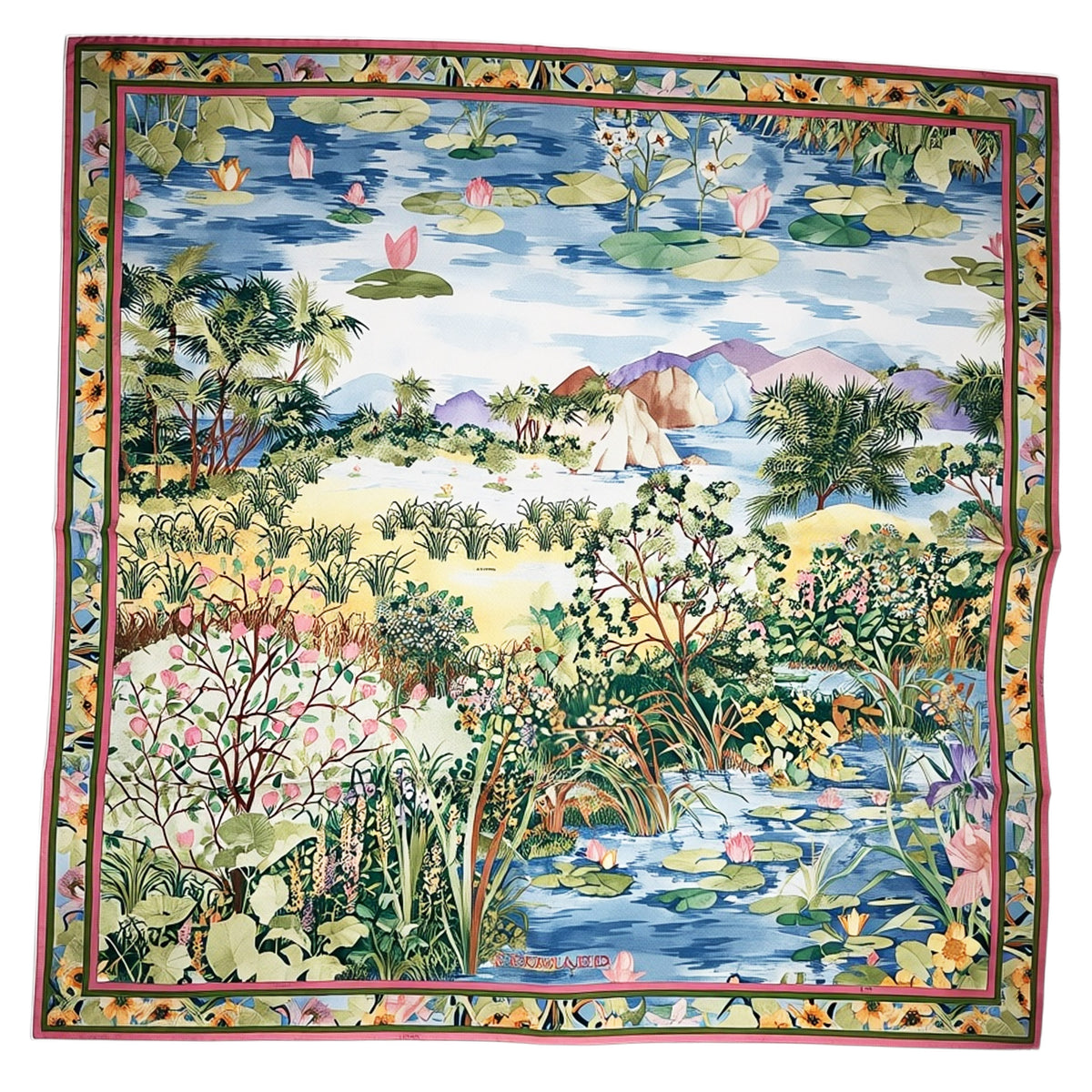 Leonard Paris Scarf Water Flowers Pink Olive - Twill Silk Square Foulard