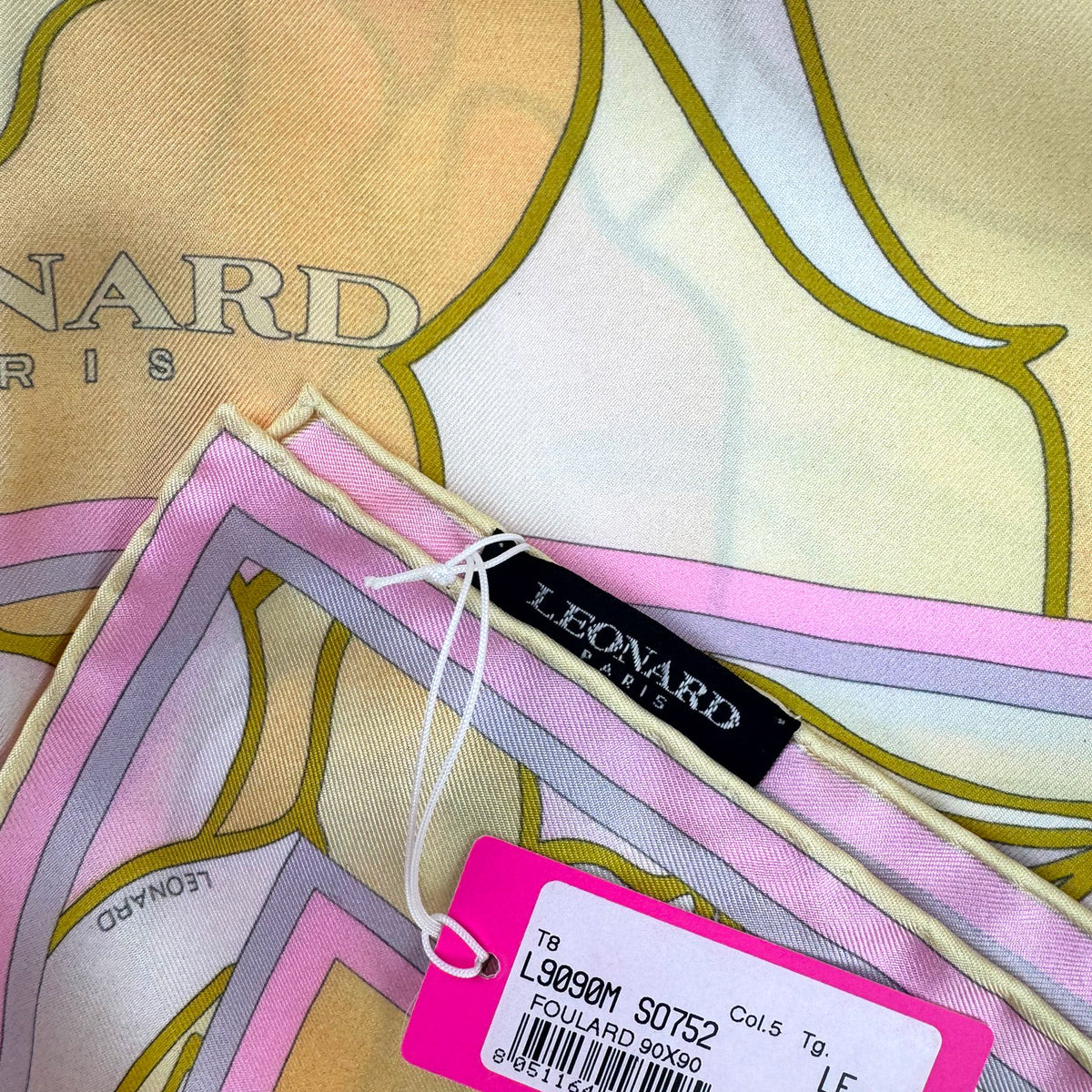 Leonard Scarf Yellow Olive Pink Flower - Twill Silk Square Foulard