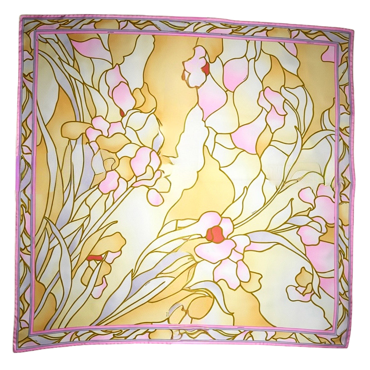 Leonard Paris Scarf Yellow Olive Pink Flower - Twill Silk Square Foulard