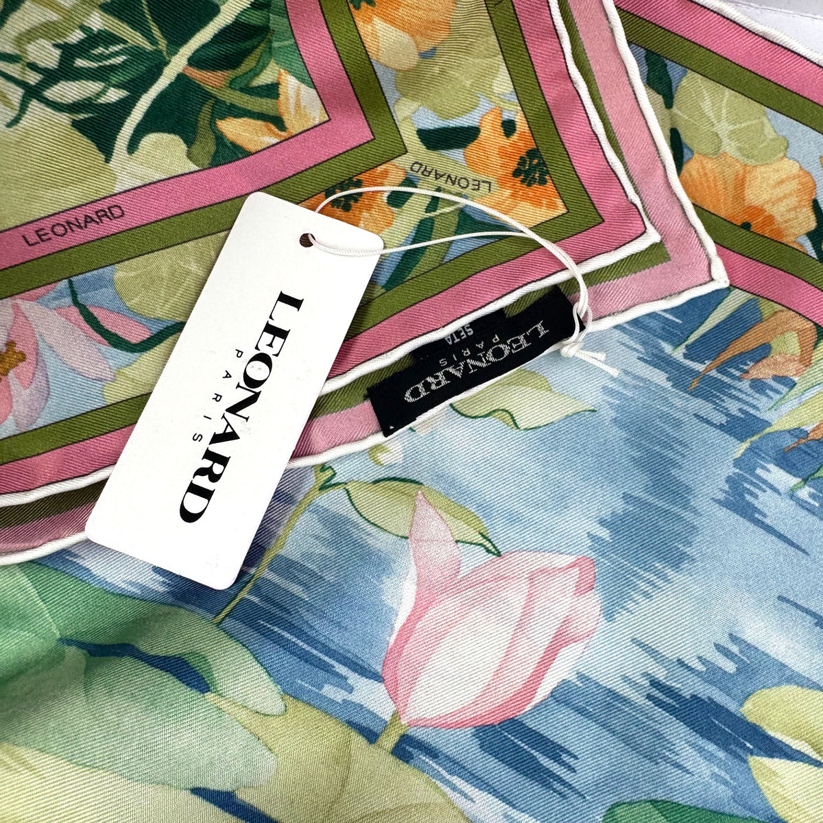Leonard Paris Scarf Scenery Pink Olive - Twill Silk Square Foulard
