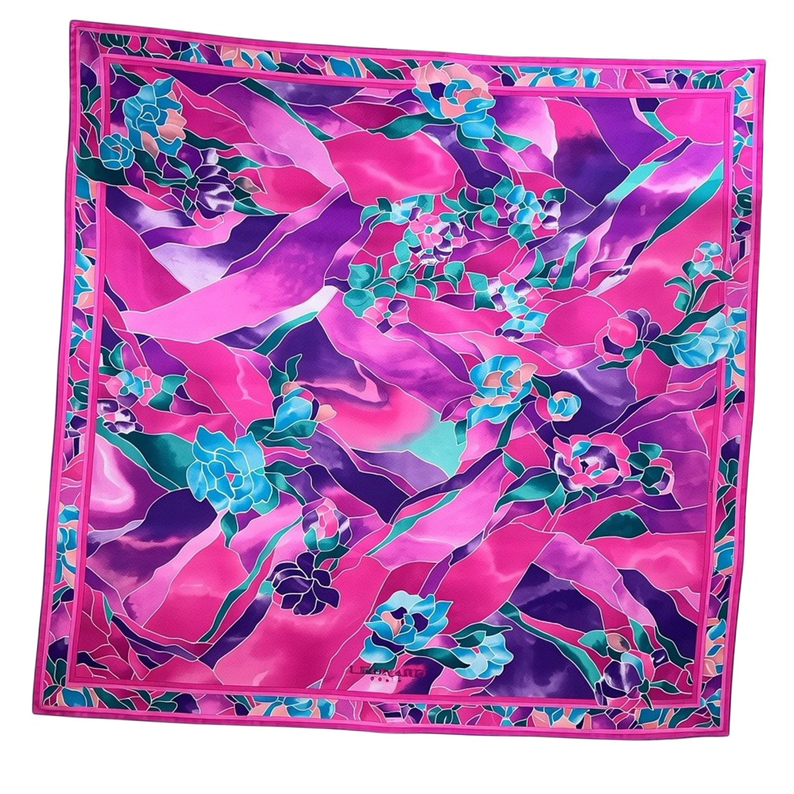 Leonard Paris Scarf Pink Turquoise Purple Floral - Twill Silk Square Foulard FINAL SALE