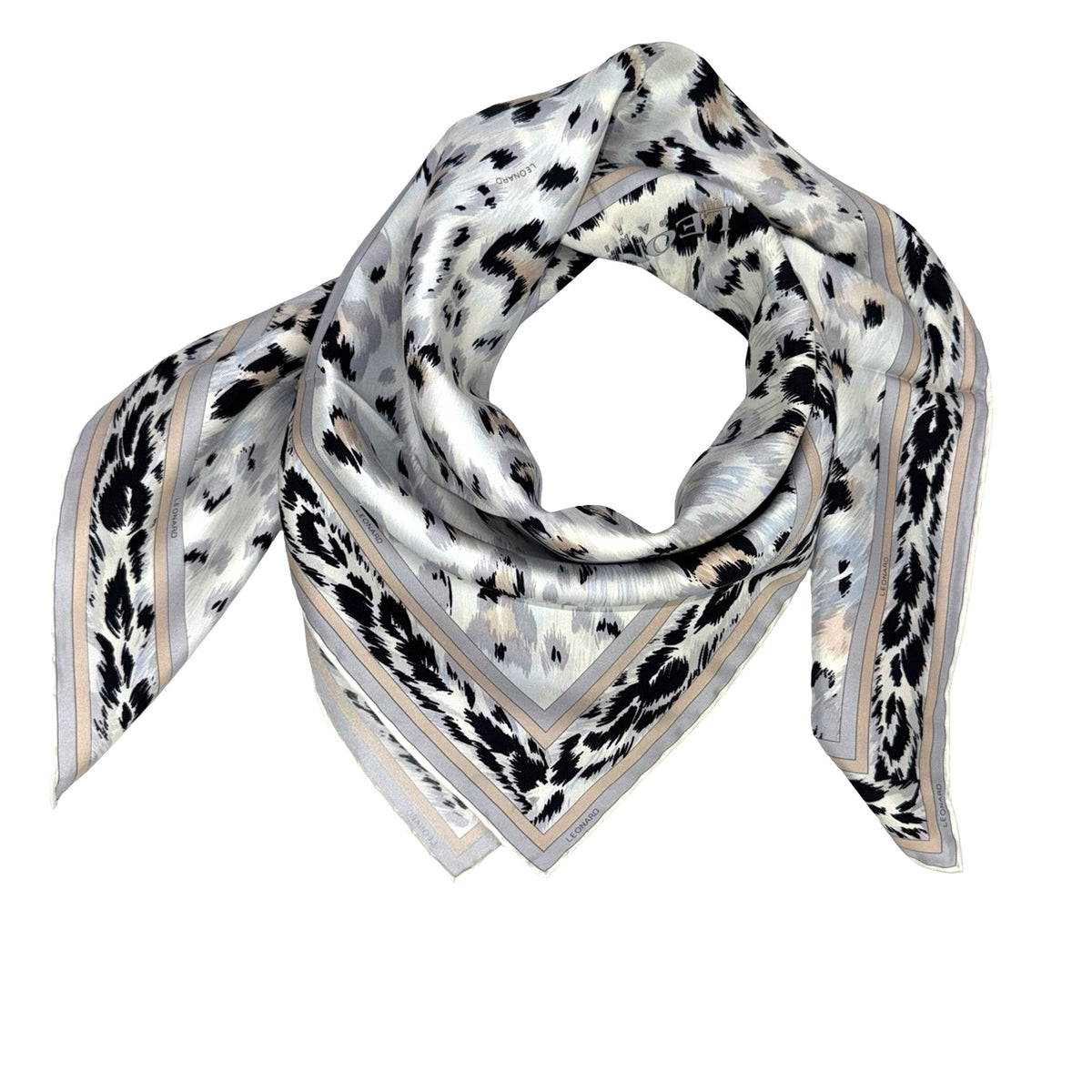Leonard Paris Scarf Gray Black Panther Print - Twill Silk Large Square Foulard SALE