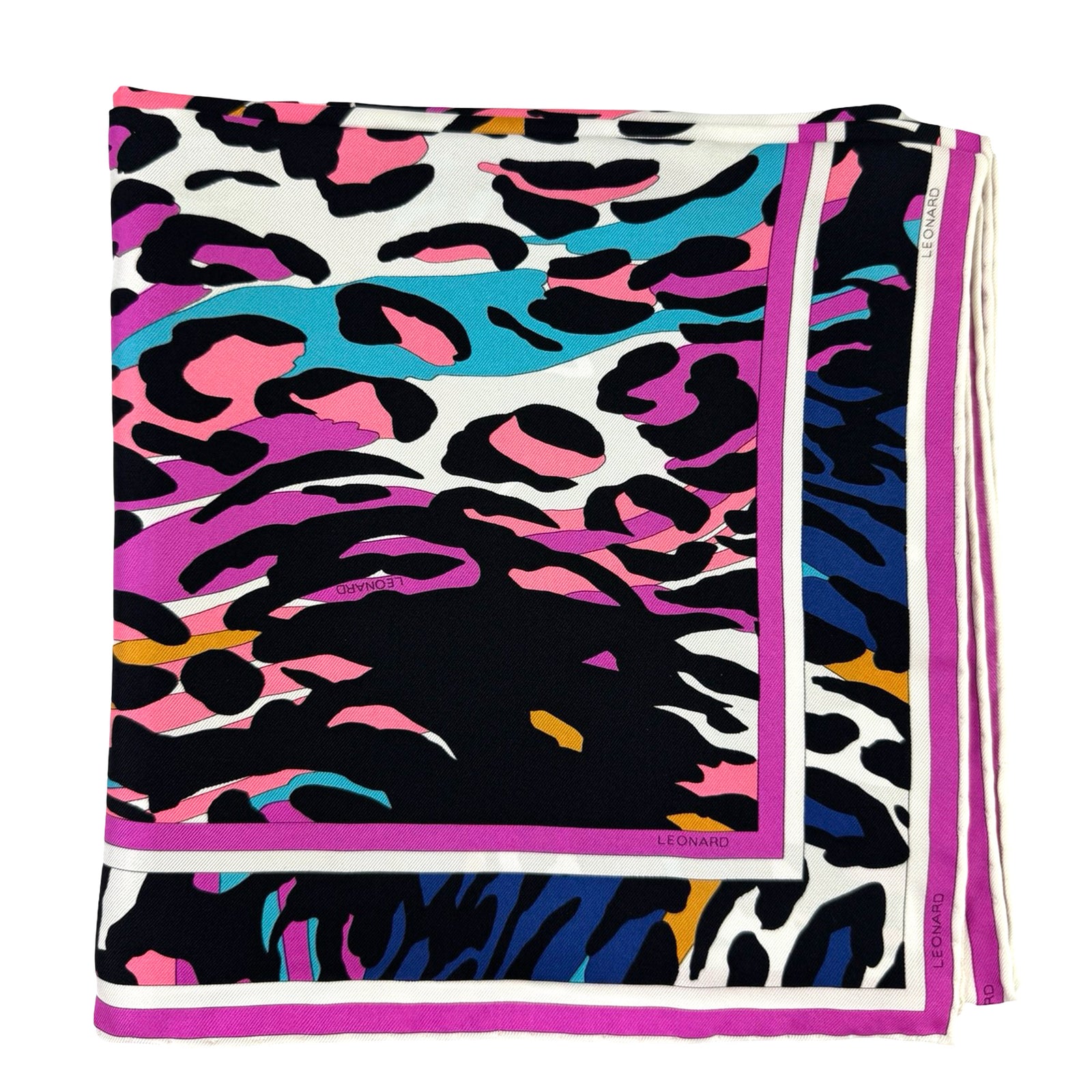 Leonard Paris Scarf Hot Pink Aqua Panther Print - Twill Silk Large Square Foulard SALE