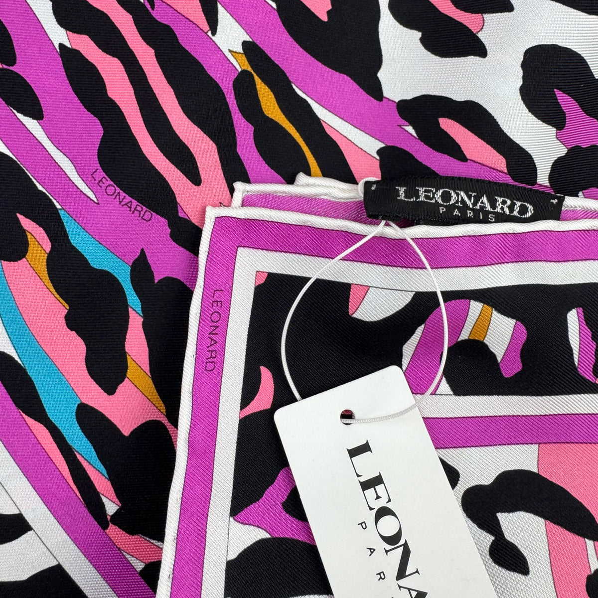 Leonard Paris Scarf Hot Pink Aqua Panther Print - Twill Silk Large Square Foulard SALE