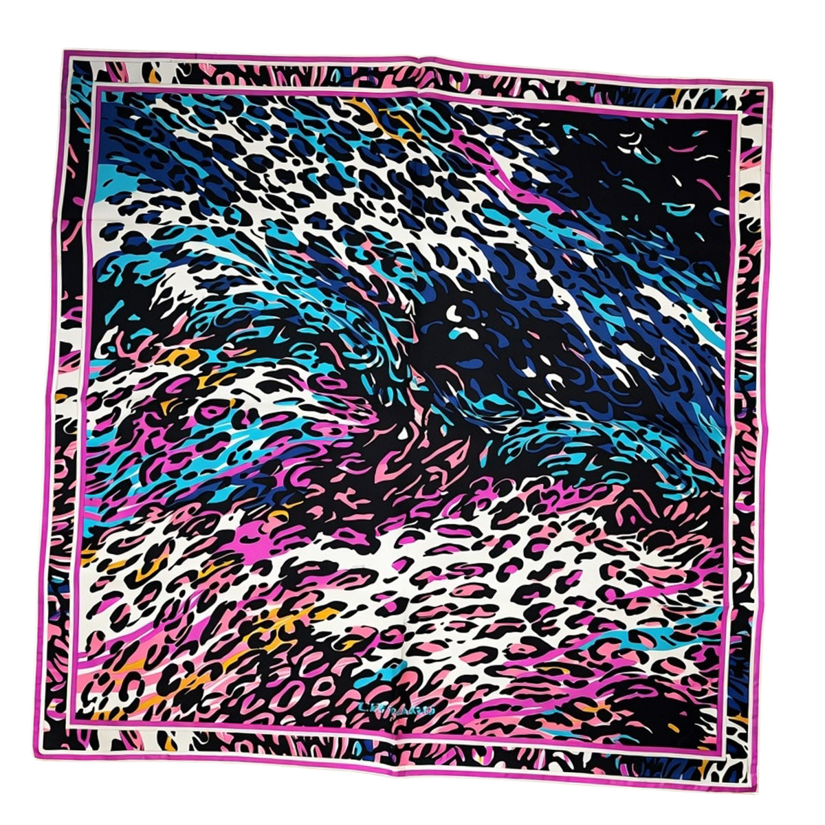 Leonard Paris Scarf Hot Pink Aqua Panther Print - Twill Silk Large Square Foulard SALE