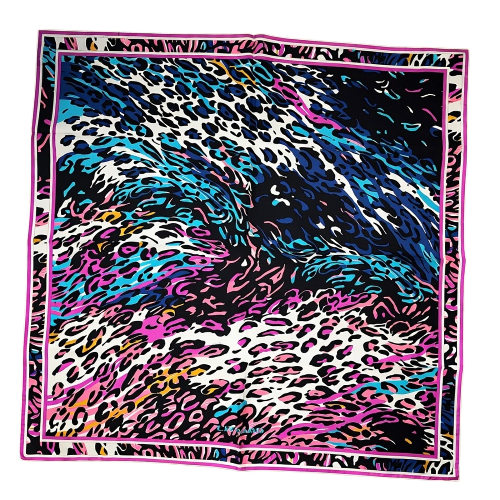 Leonard Paris Scarf Hot Pink Aqua Panther Print - Twill Silk Large Square Foulard SALE