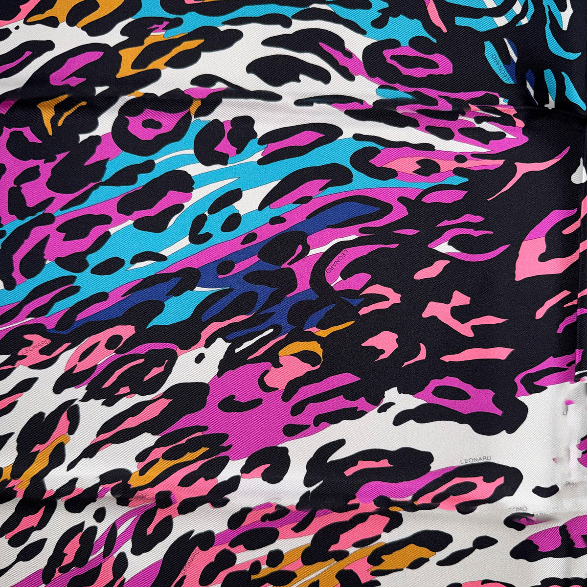 Leonard Paris Scarf Hot Pink Aqua Panther Print - Twill Silk Large Square Foulard SALE