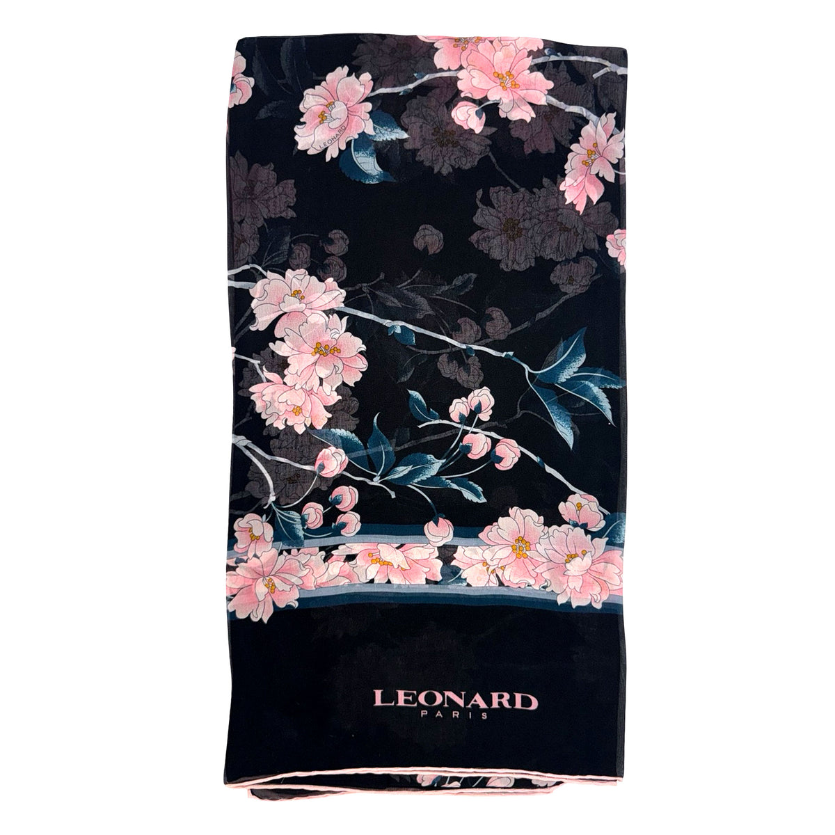 Leonard Paris Scarf Black Pink Floral - Chiffon Silk Shawl