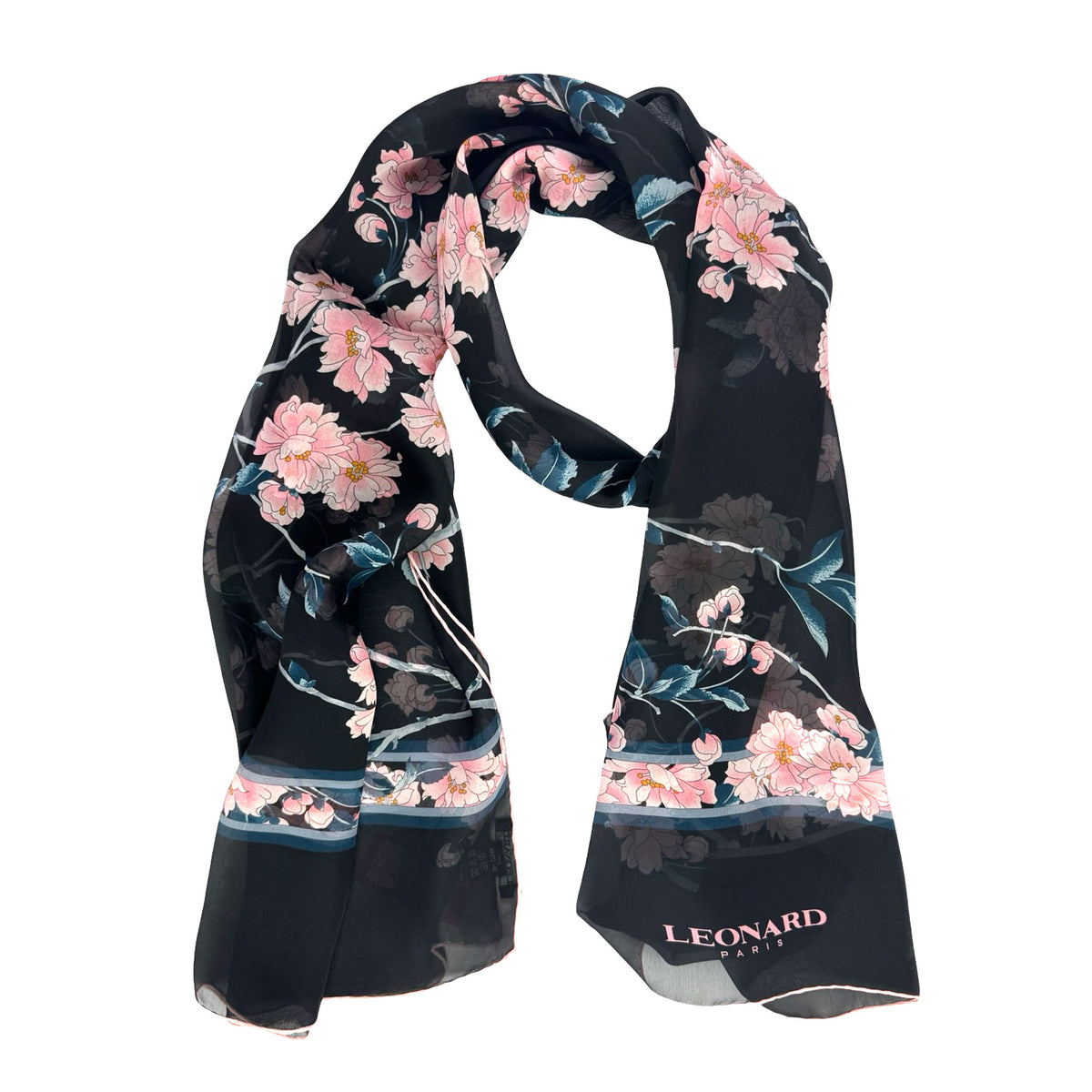 Leonard Paris Scarf Black Pink Floral - Chiffon Silk Shawl