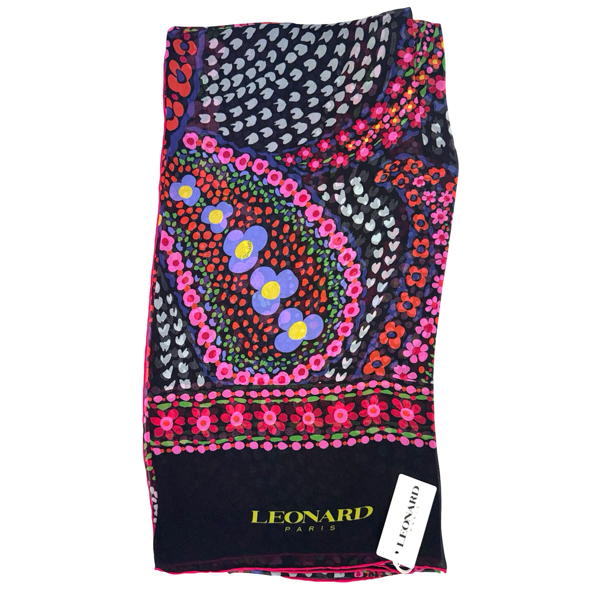 Leonard Paris Scarf Black With Pink Flowers - Chiffon Silk Shawl