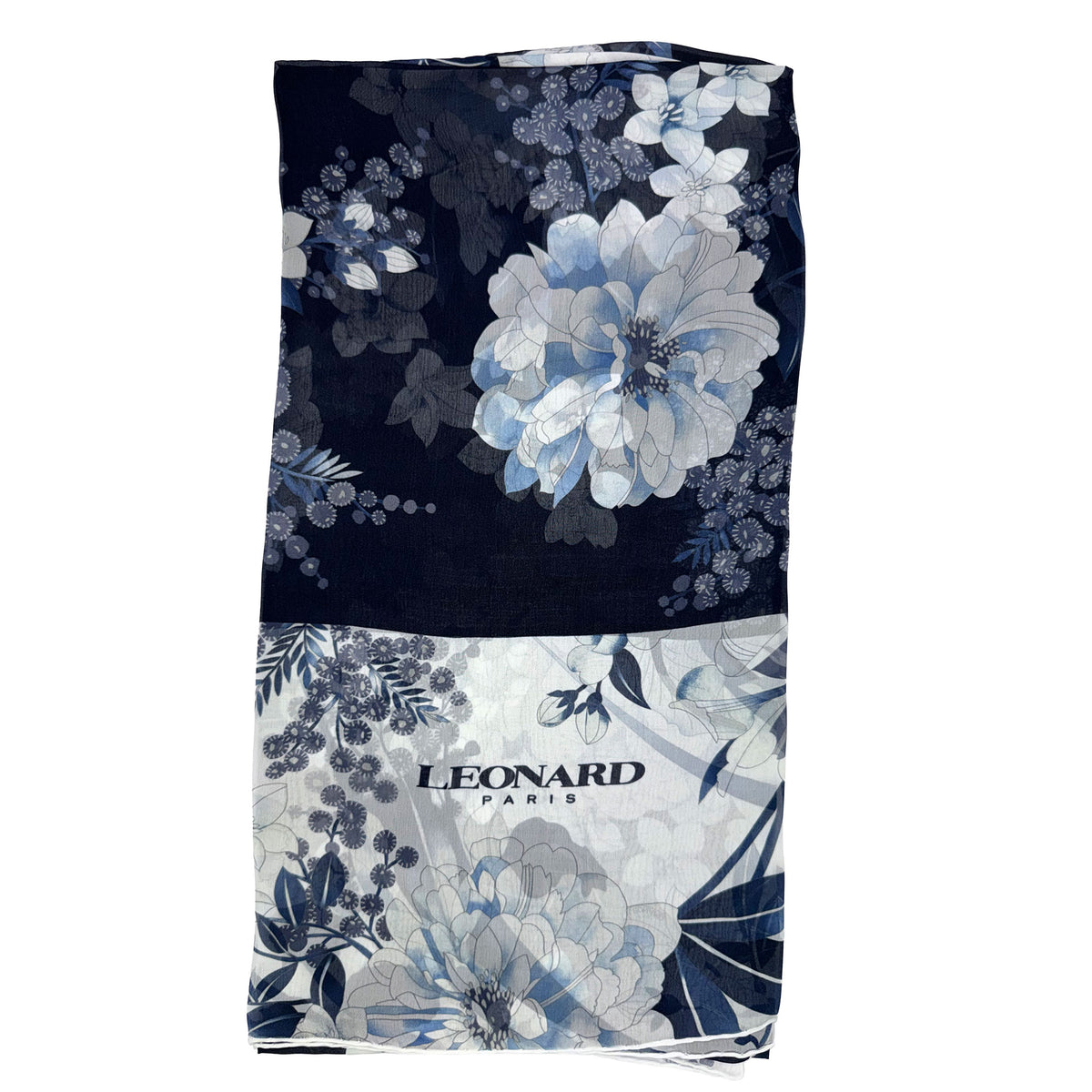 Leonard Paris Scarf Black White Blue Floral - Chiffon Silk Shawl