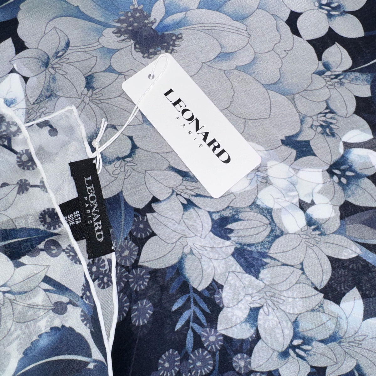 Leonard Paris Scarf Black White Blue Floral - Chiffon Silk Shawl