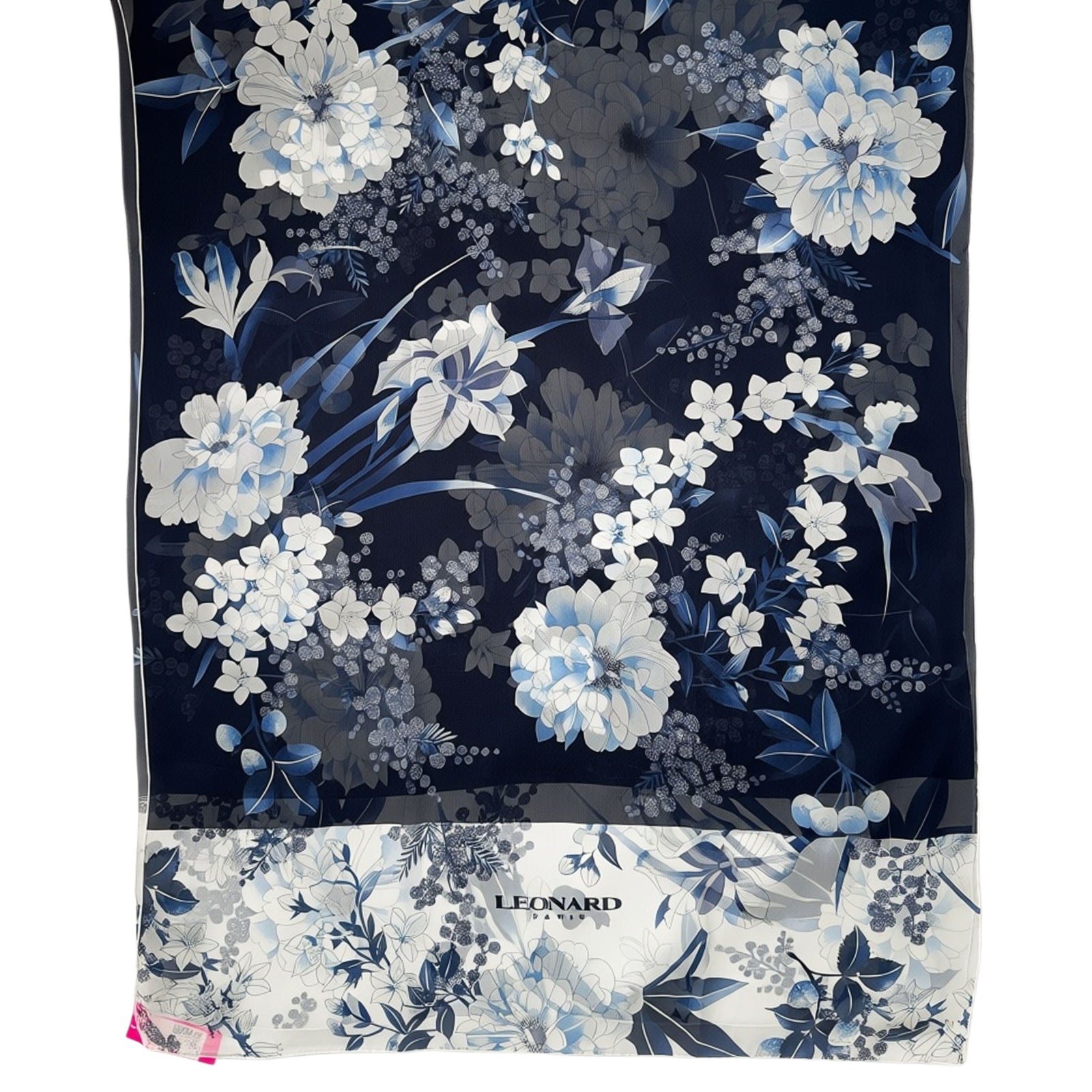 Leonard Paris Scarf Black White Blue Floral - Chiffon Silk Shawl