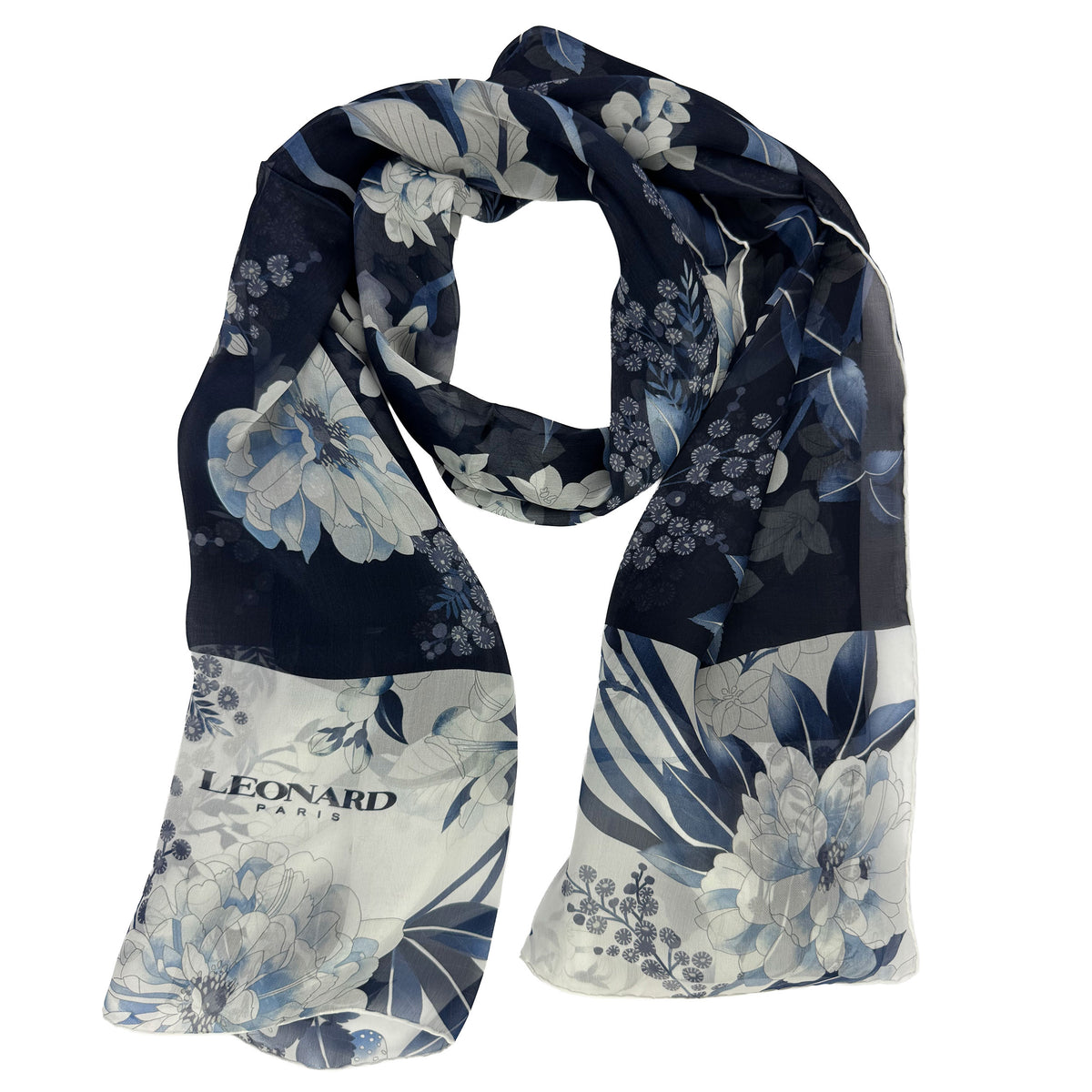 Leonard Paris Scarf Black White Blue Floral - Chiffon Silk Shawl