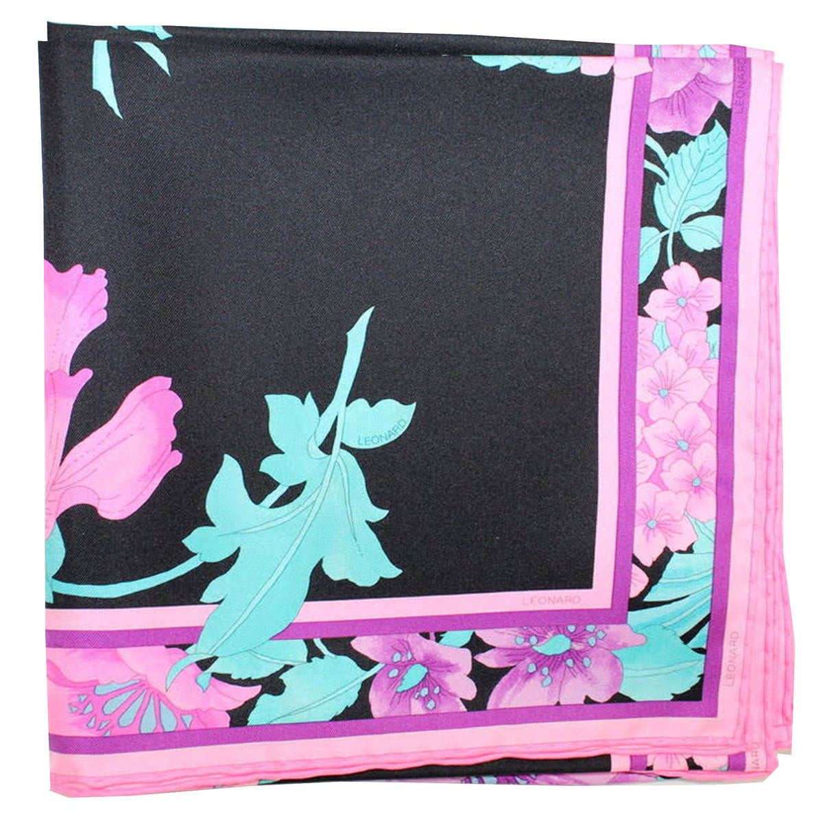 Leonard Paris Scarf Black Pink Aqua Floral - Large Square Twill Silk Scarf
