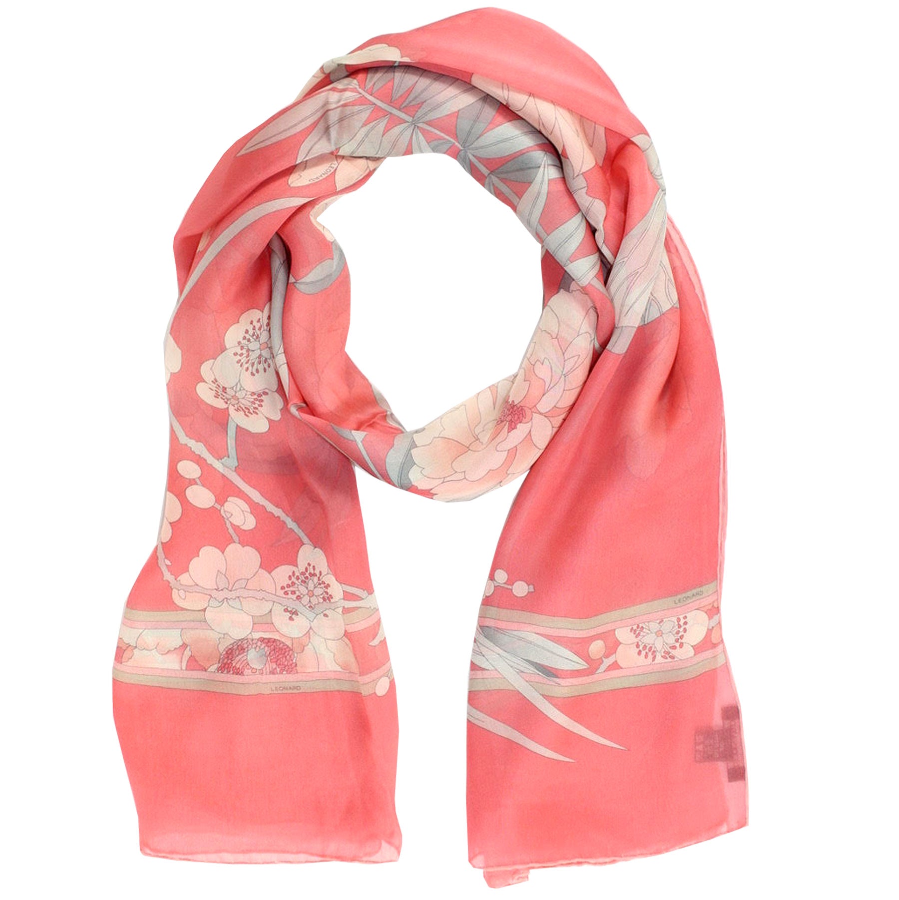 Leonard Paris Scarf Pink Gray Floral - Chiffon Silk Shawl