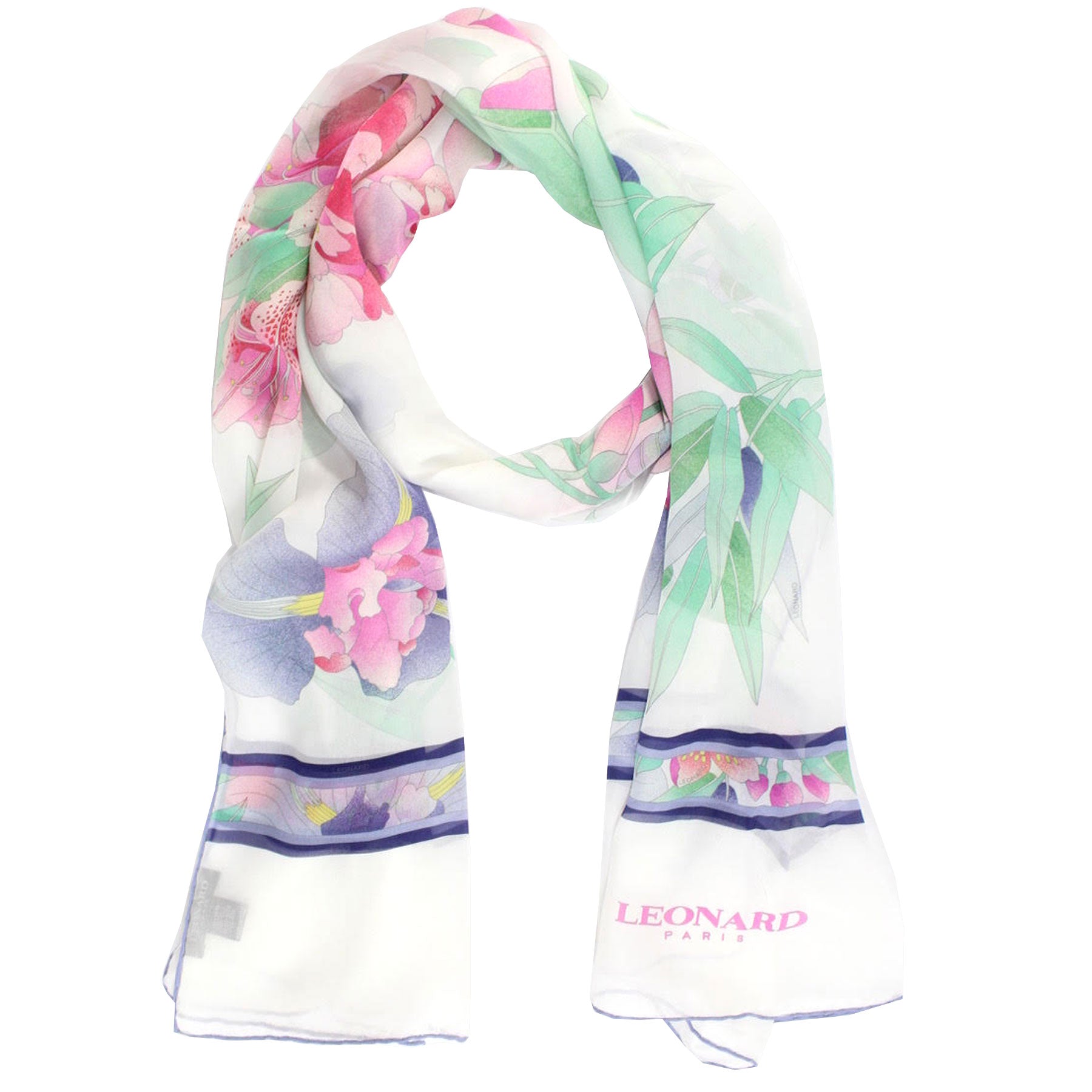 Leonard Paris Scarf White Plum Purple Green Pink Floral - Chiffon Silk Shawl