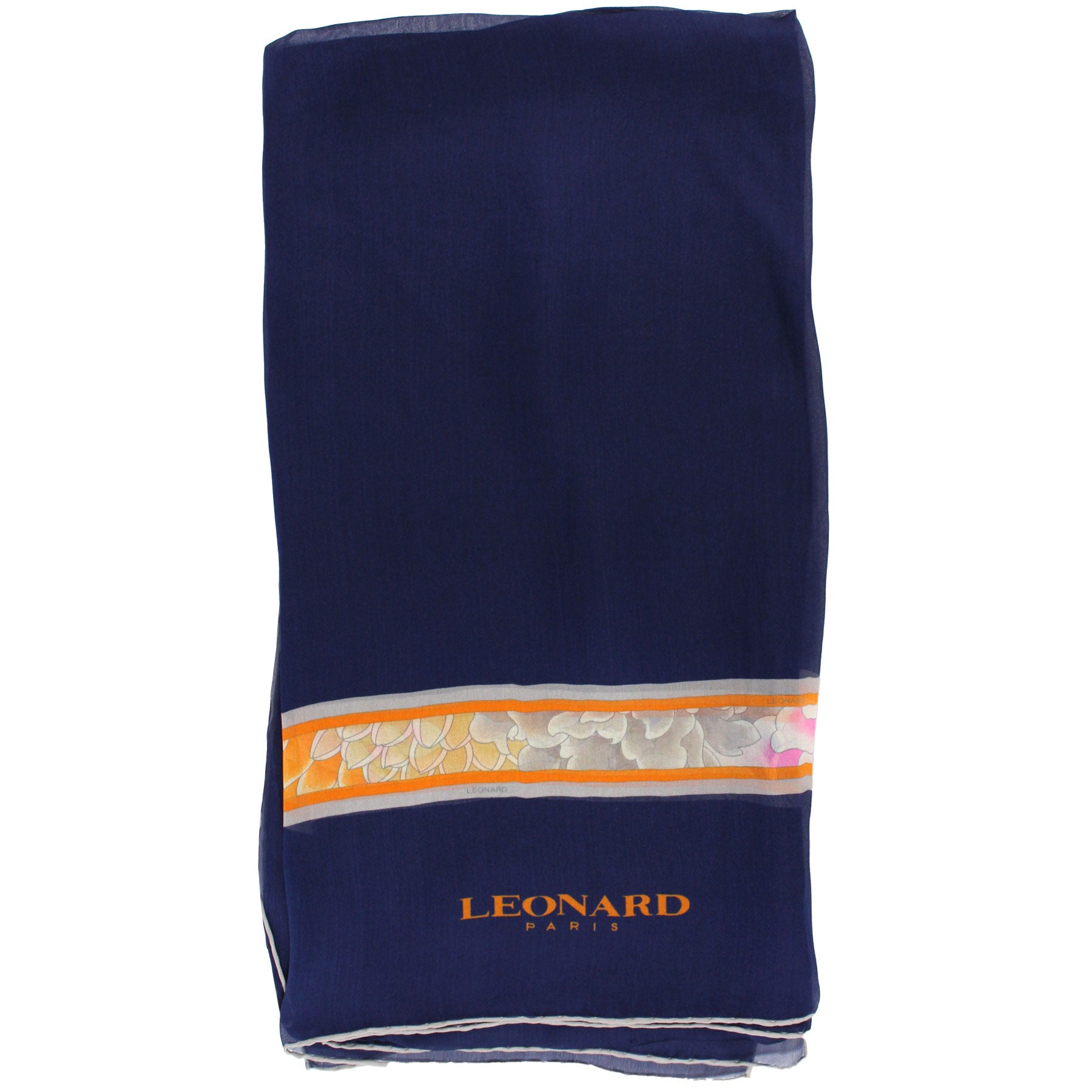 Leonard Paris Scarf Dark Blue Orange Gray Floral - Chiffon Silk Shawl