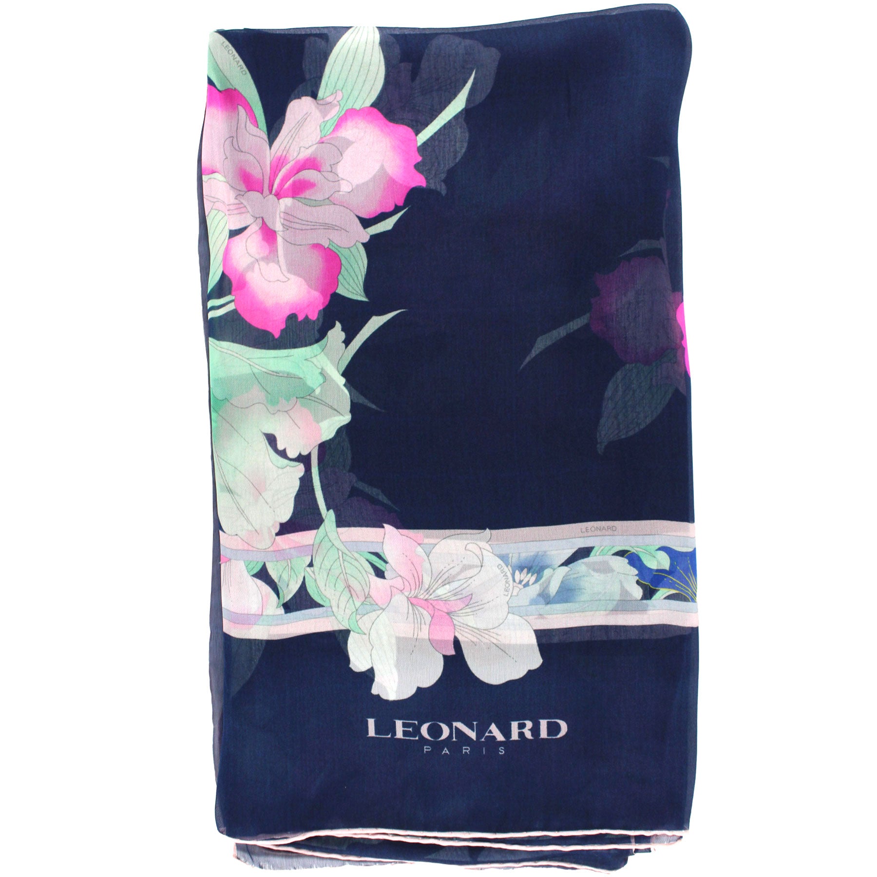 Leonard Paris Scarf Navy Green Pink Floral - Chiffon Silk Shawl