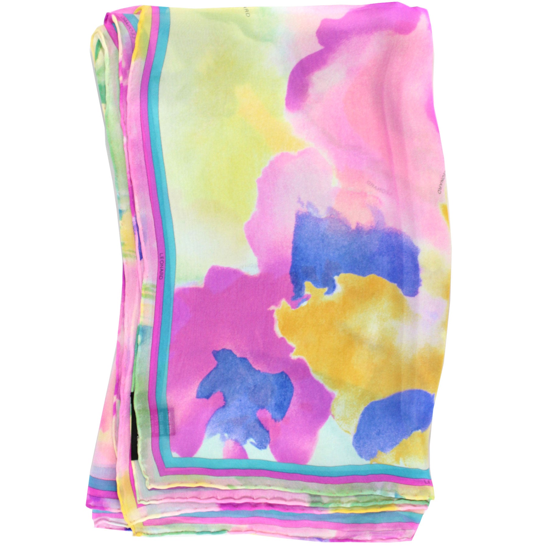 Leonard Paris Scarf Pink Green Design - Large 55 Inch Square Chiffon Silk Wrap