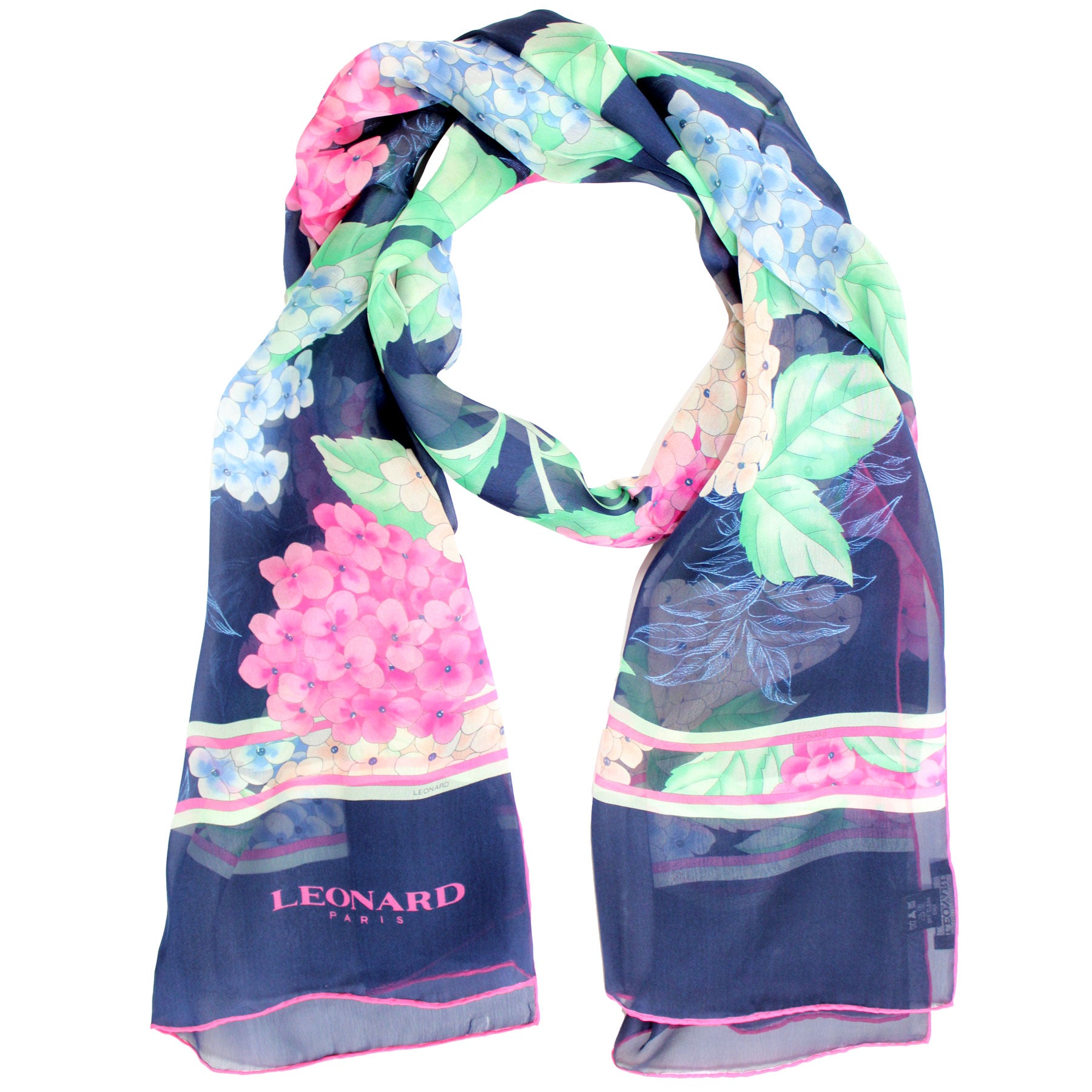 Leonard Paris Scarf Dark Blue Pink Purple Floral - Chiffon Silk Shawl