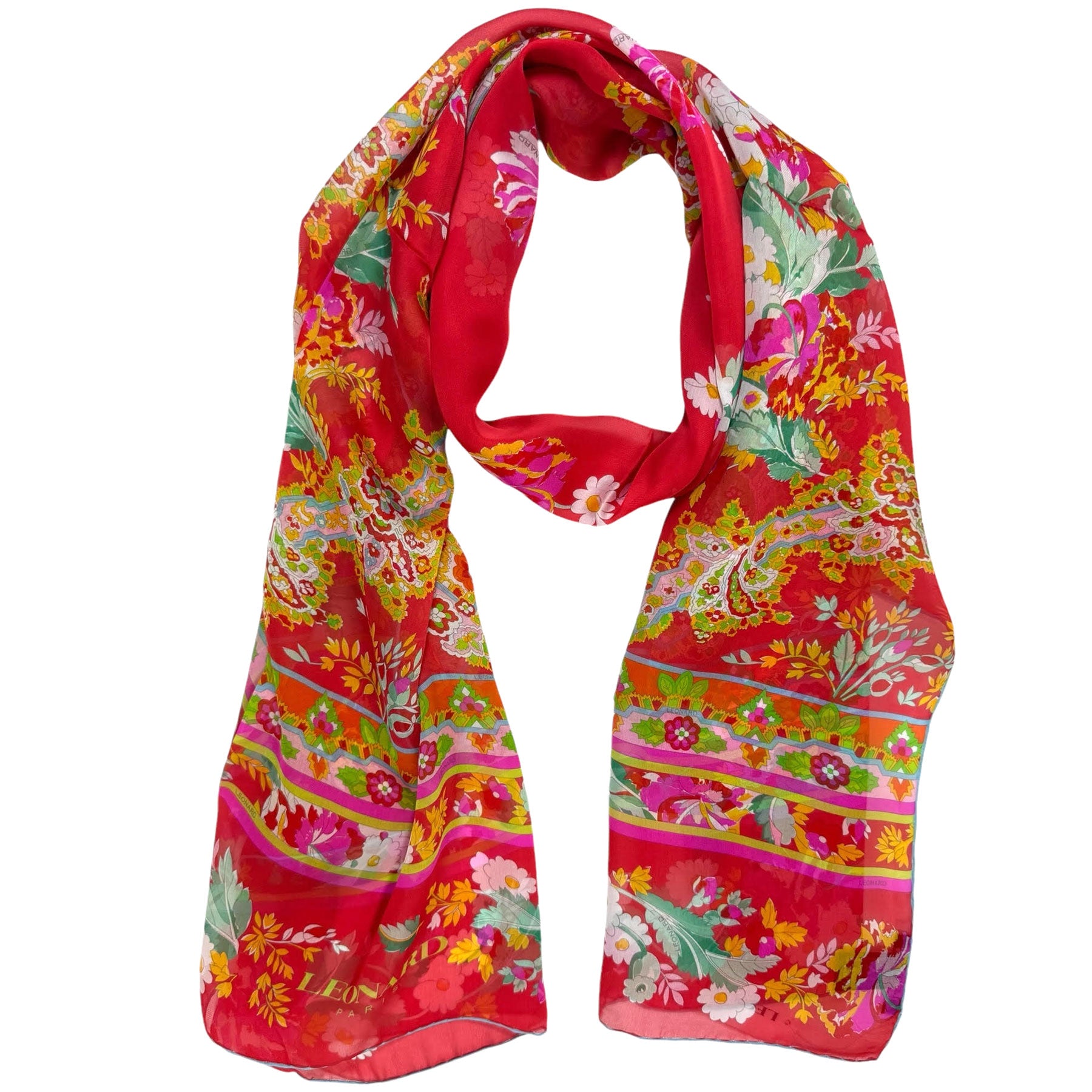 Leonard Paris Scarf Red Orange Green Floral Design - Chiffon Silk Shawl