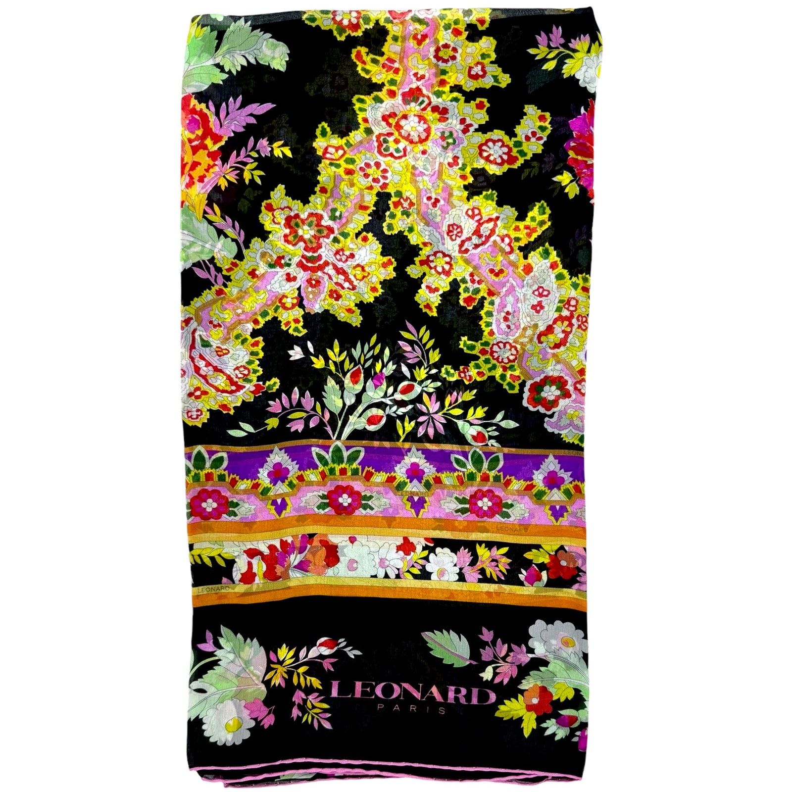 Leonard Paris Scarf Black Floral Design - Chiffon Silk Shawl