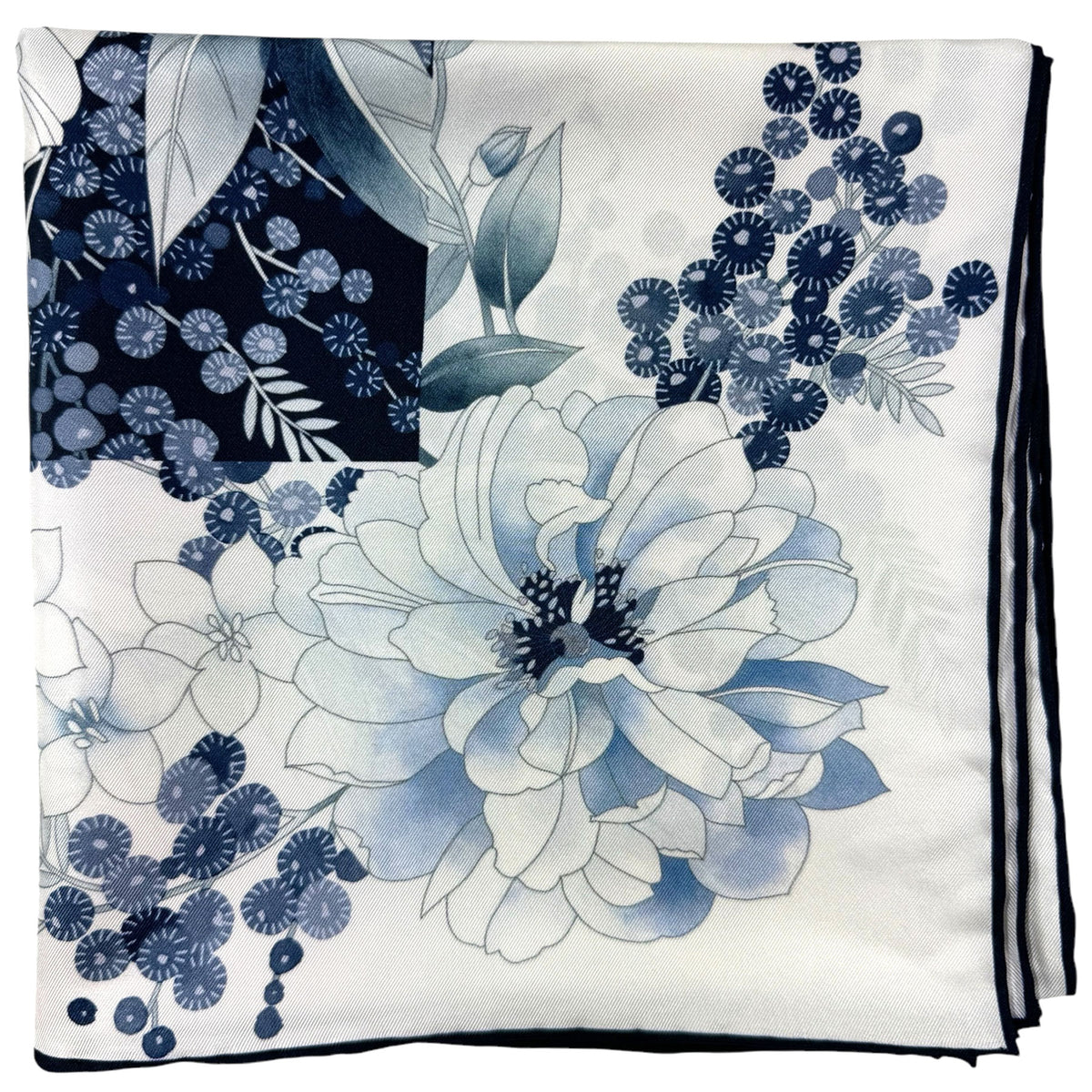 Leonard Paris Scarf White Navy Gray Floral - Twill Silk Large Square Scarf