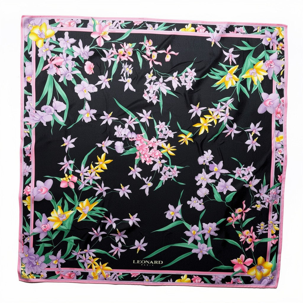 Leonard Paris Scarf Black Lilac Orange Pink Floral - Twill Silk 36" Square Foulard New