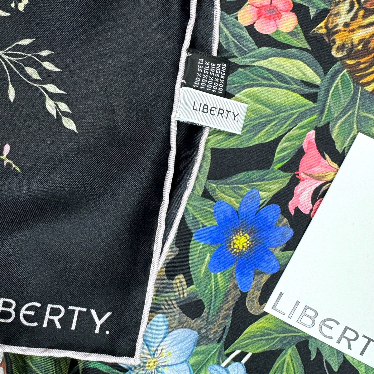 Liberty London Scarf Black Floral &amp; Tigers - Twill Silk Square Foulard