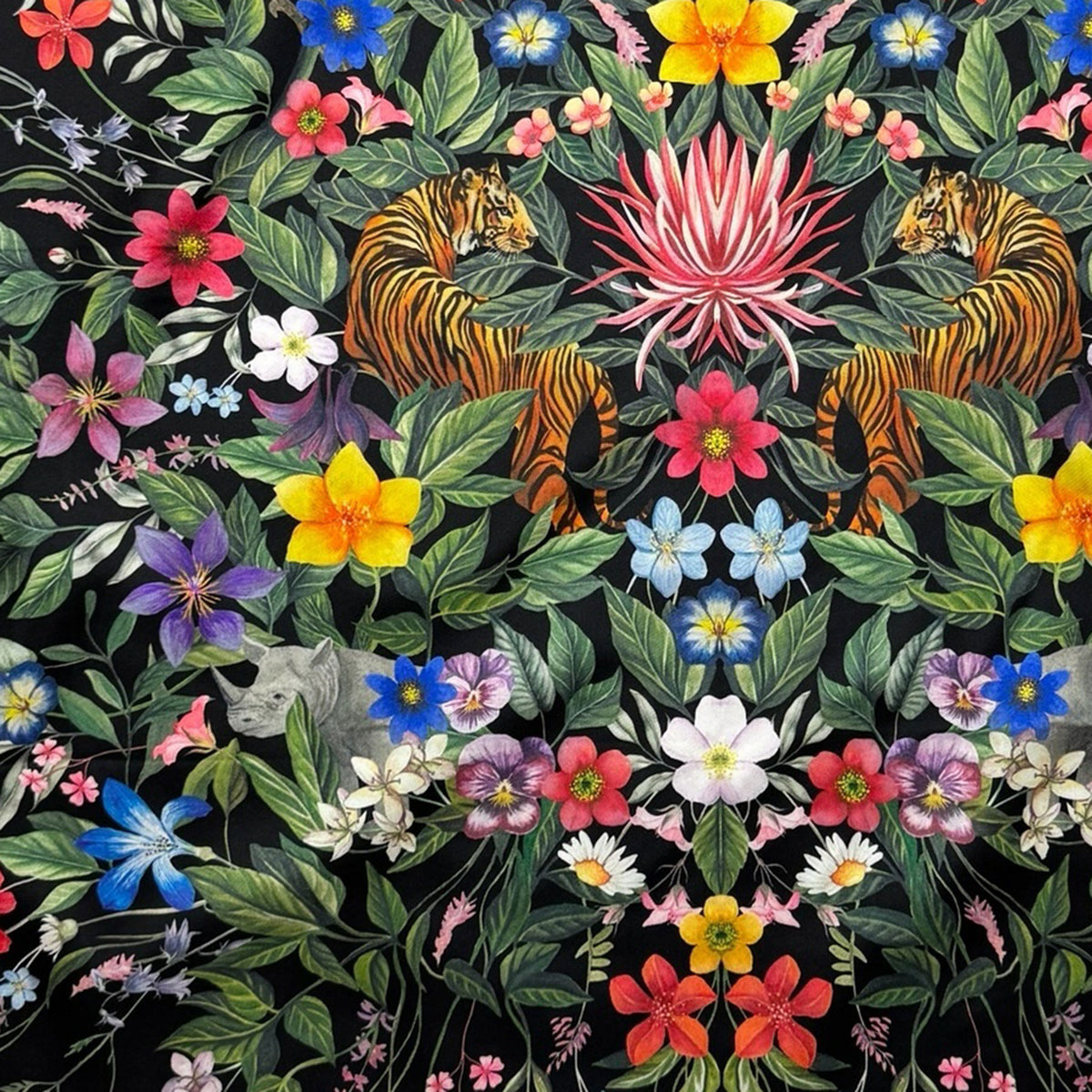 Liberty London Scarf Black Floral &amp; Tigers - Twill Silk Square Foulard