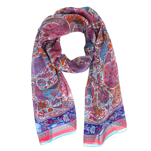 Liberty London Scarf Blue Red Royal Blue Peacock Design - Chiffon