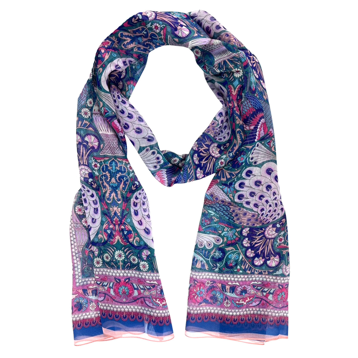 Liberty London Scarf Pink Green Dark Blue Peacock Design - Chiffon Silk Shawl SALE