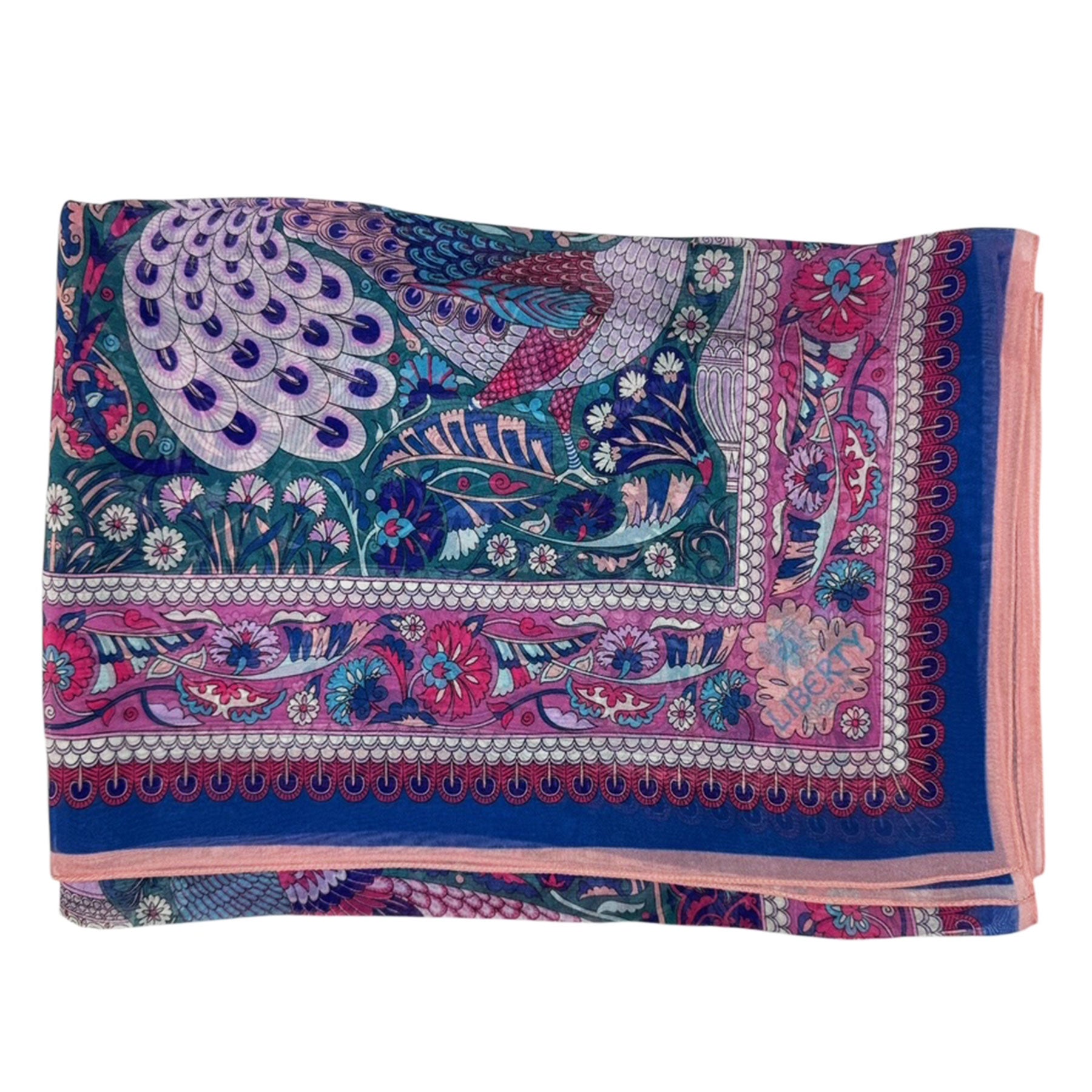 Liberty London Scarf Pink Green Dark Blue Peacock Design - Chiffon