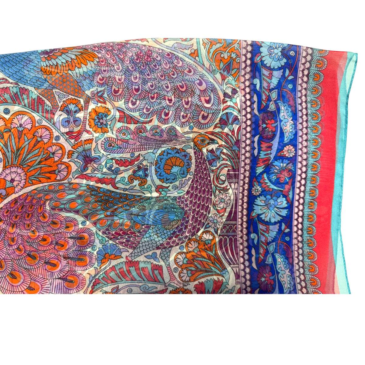 Liberty London Scarf Blue Red Royal Blue Peacock Design - Chiffon Silk Shawl SALE