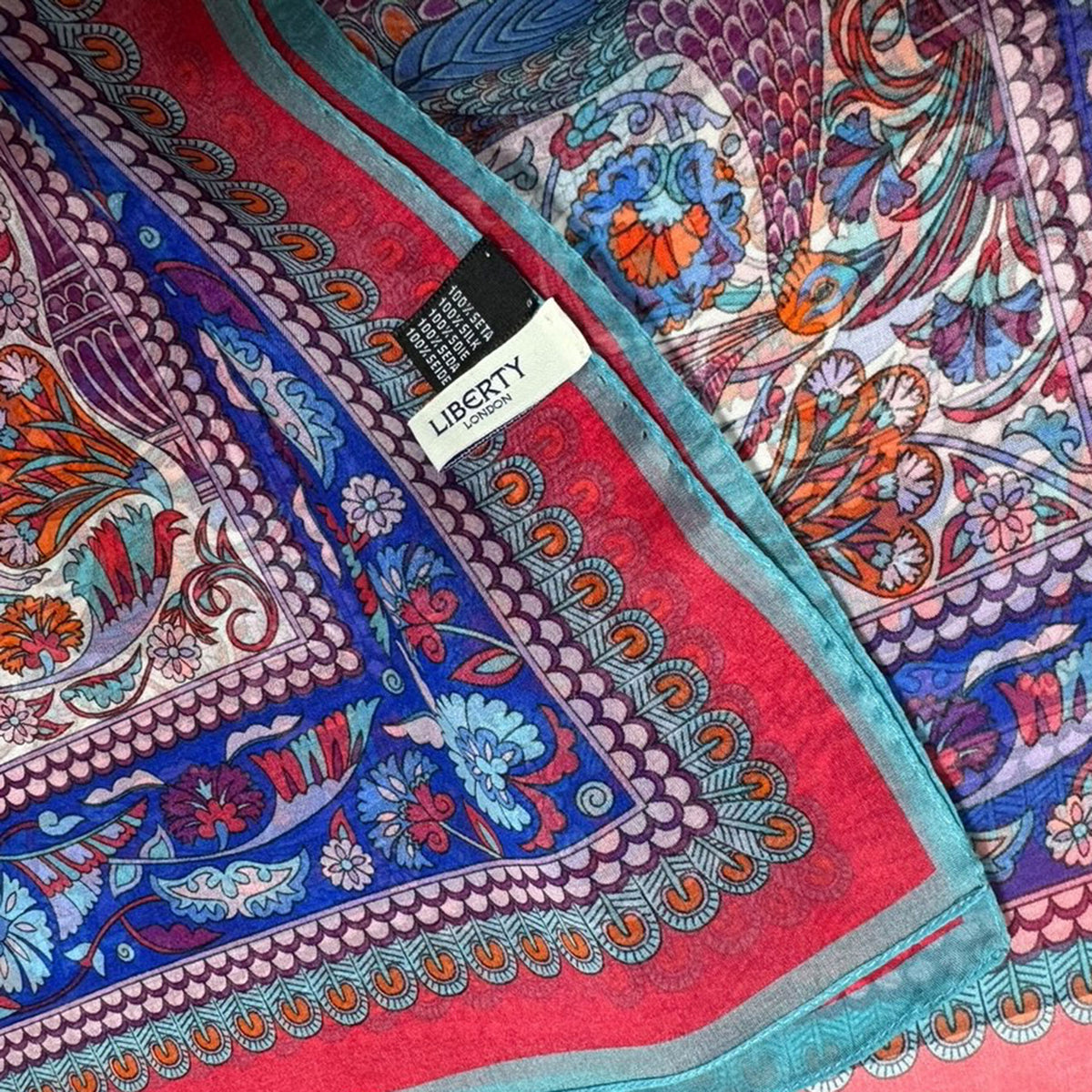 Liberty London Scarf Blue Red Royal Blue Peacock Design - Chiffon Silk Shawl SALE