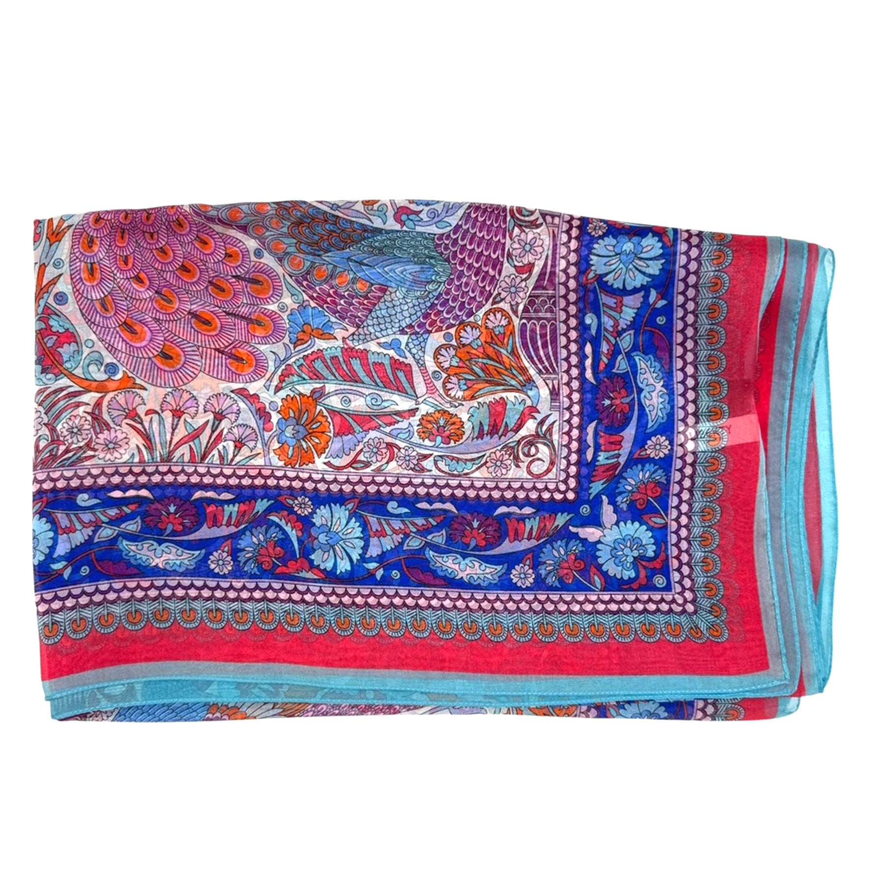 Liberty London Scarf Blue Red Royal Blue Peacock Design - Chiffon