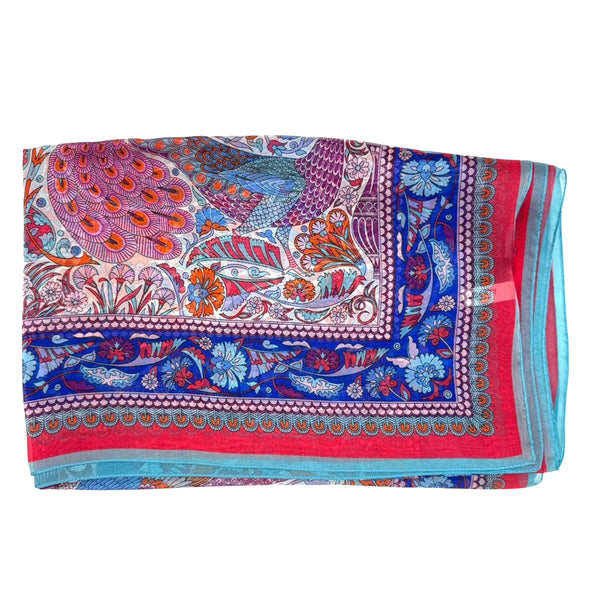 LIBERTY LONDON シルクスカーフ　赤　ブルー　イタリア　　新品未使用 Liberty London Scarf Blue Red Royal Blue Peacock Design - Chiffon