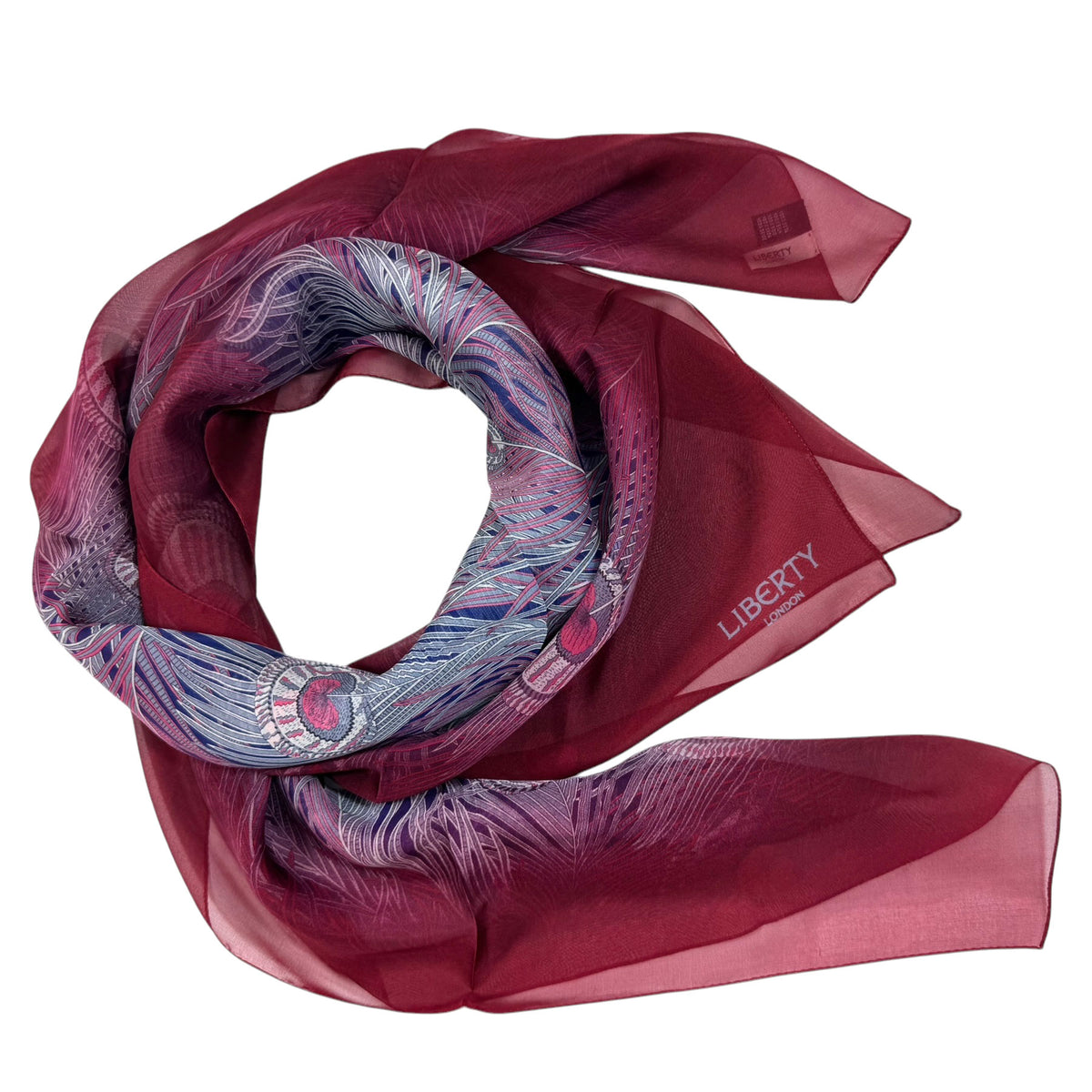 Liberty London Scarf Fuchsia Peacock Design - Extra Large Chiffon Silk Shawl