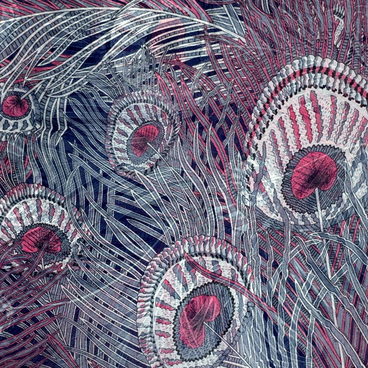 Liberty London Scarf Fuchsia Peacock Design - Extra Large Chiffon Silk Shawl