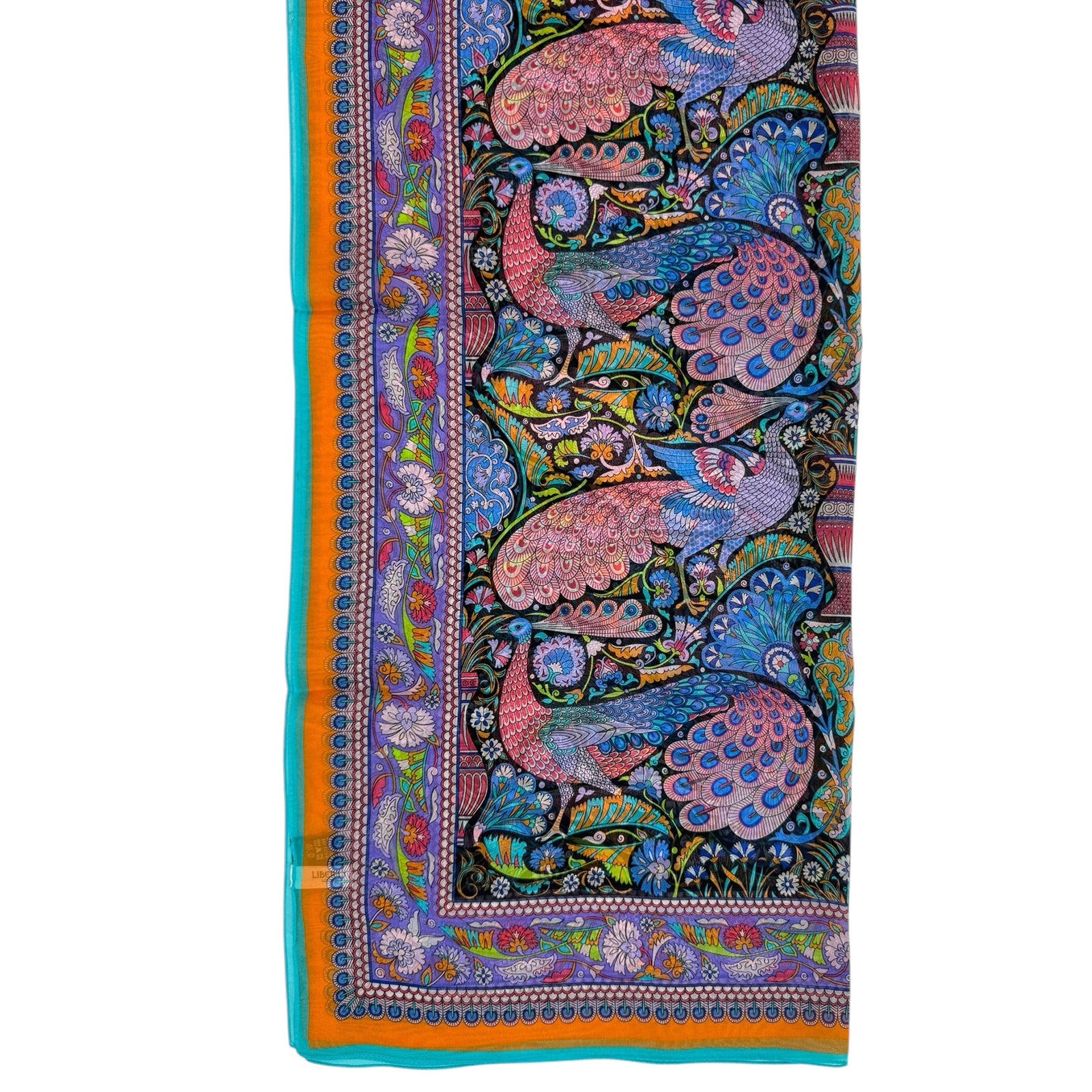 Liberty London Scarf Orange Aqua Peacock Design - Chiffon Silk Shawl