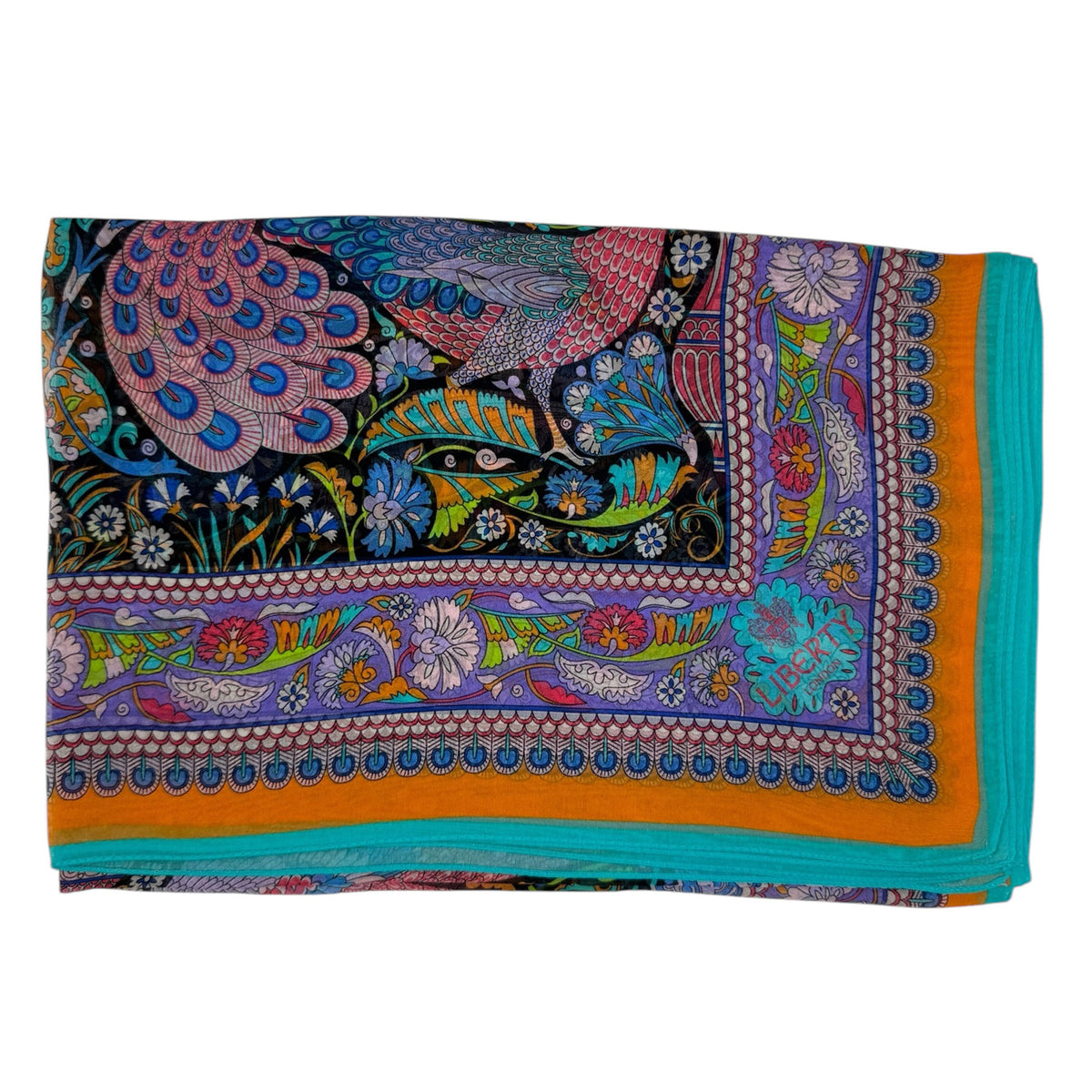 Liberty London Scarf Orange Aqua Peacock Design - Chiffon Silk Shawl