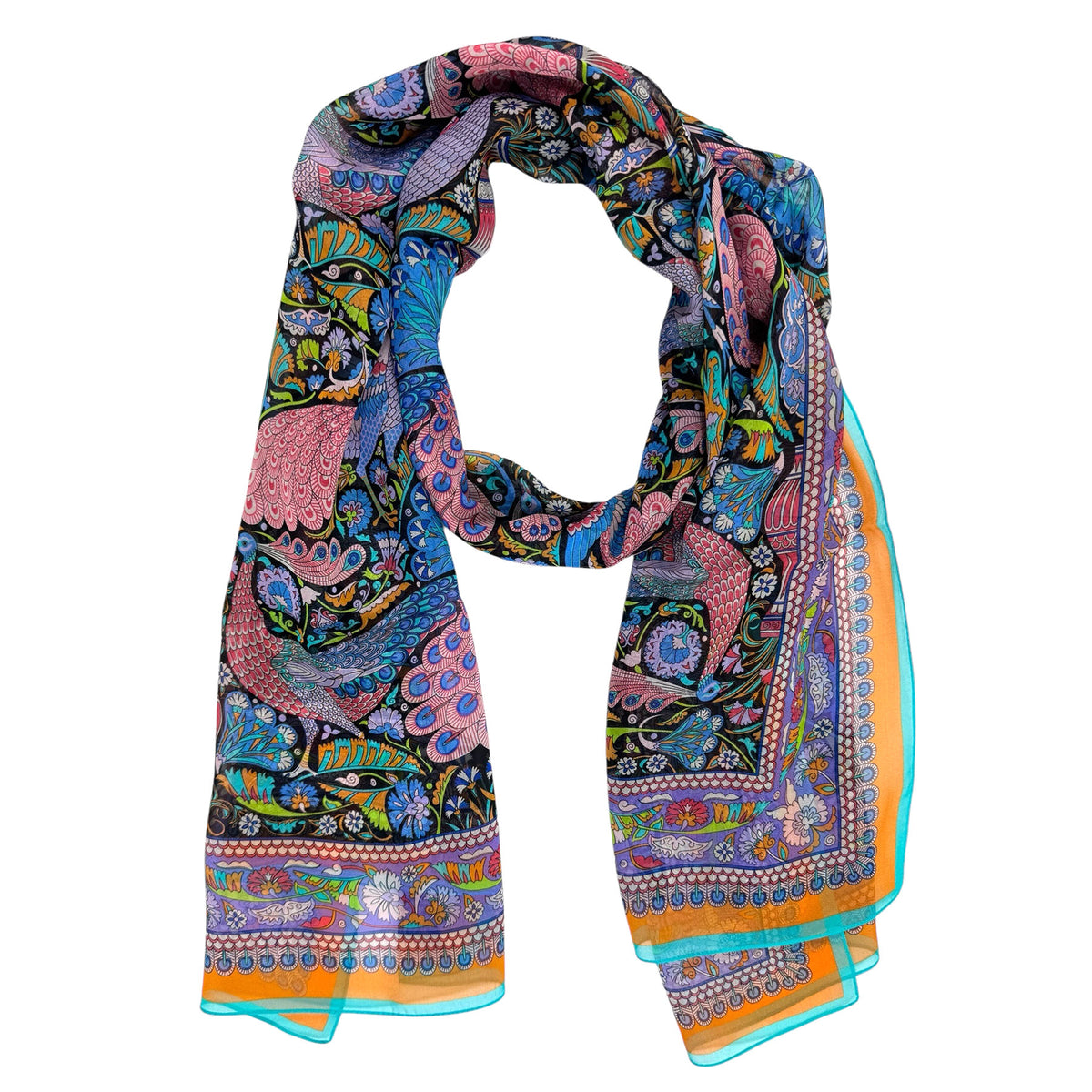 Liberty London Scarf Aqua Orange Purple Peacock Design - Chiffon Silk Shawl SALE