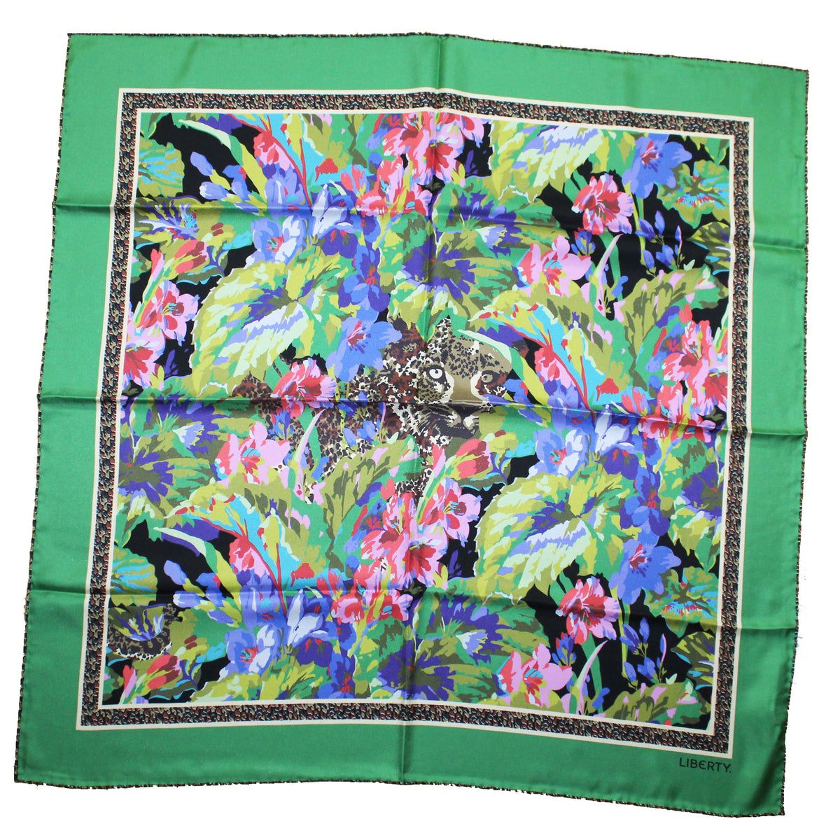 Liberty London Scarf Green Leopard - Twill Silk Square Foulard