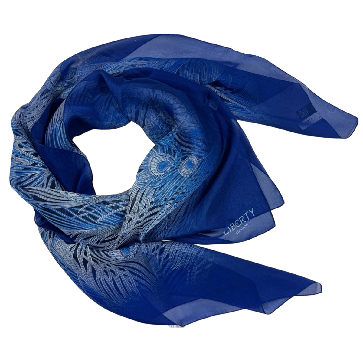 Liberty London Scarf Royal Blue Peacock Design - Extra Large Chiffon Silk Shawl