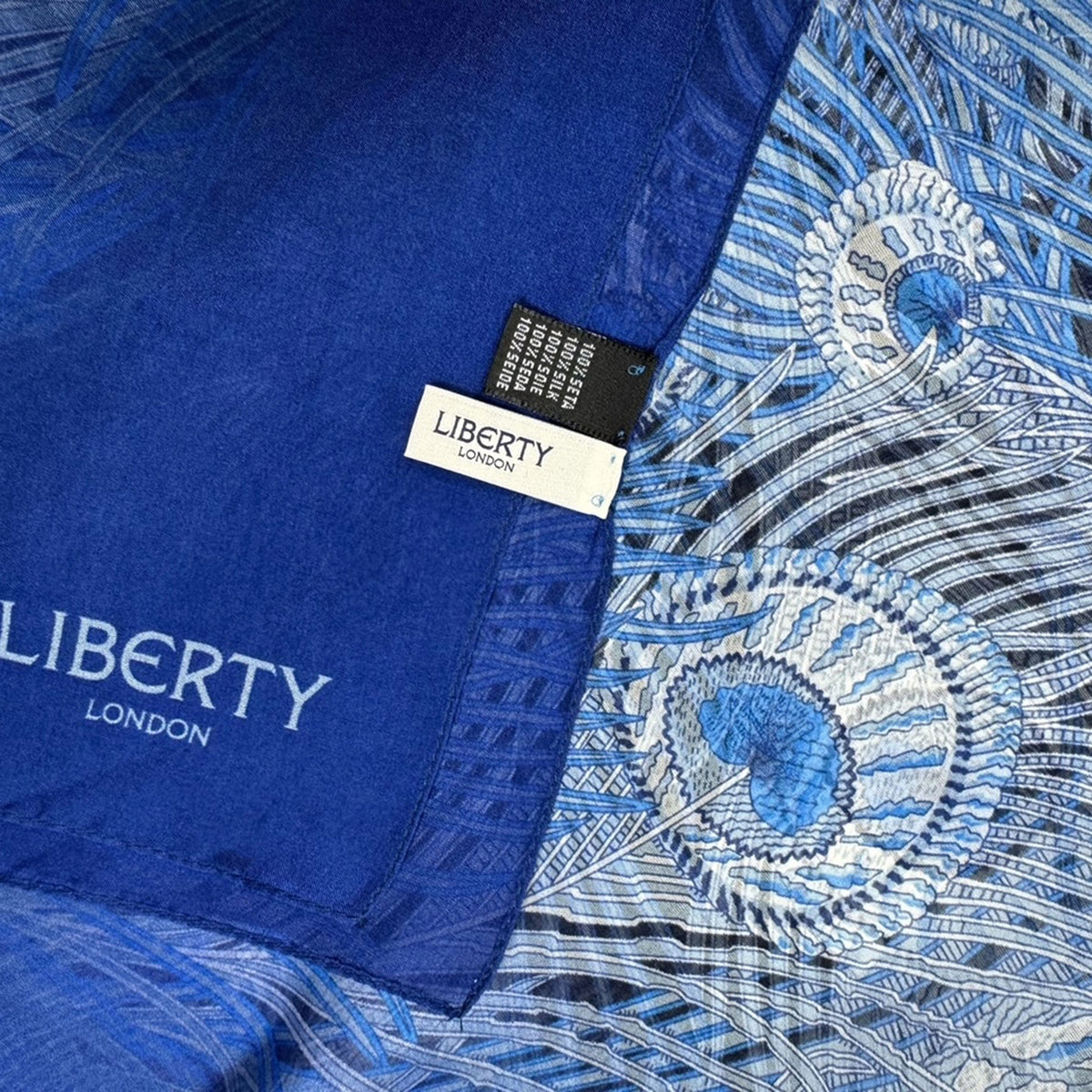 Liberty London Scarf Royal Blue Peacock Design - Extra Large Chiffon Silk Shawl New
