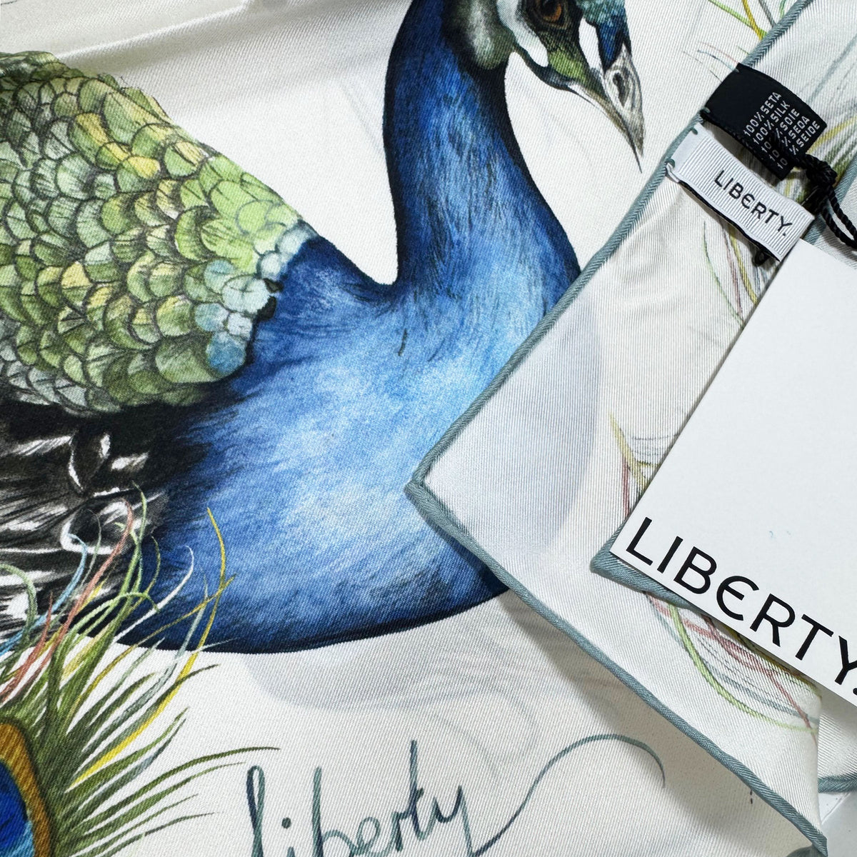 Liberty London Scarf White Green Blue Peacock Plume